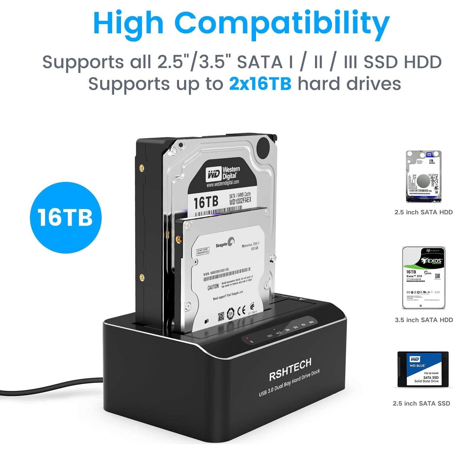 Dock HDD SATA Doble Bahía RSHTECH RSH-DS01 16TB USB 3.0