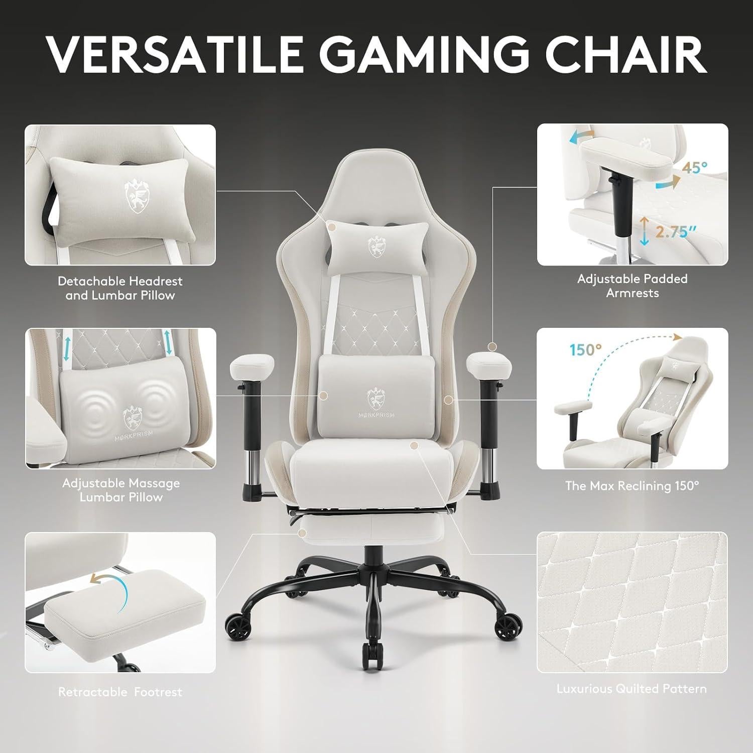 Silla de Juego Ergonómica Morkprism Beige con Reposapiés y Masaje