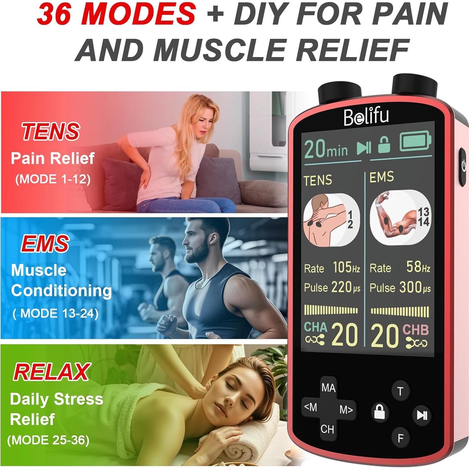 Unidad de Estimulador Muscular TENS EMS Belifu 4 en 1 - 36 Modos
