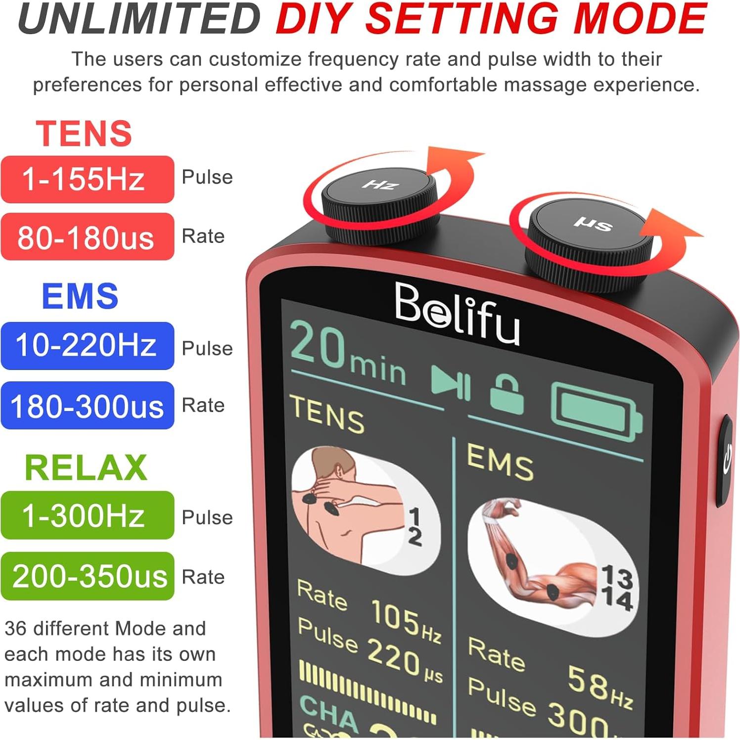 Unidad de Estimulador Muscular TENS EMS Belifu 4 en 1 - 36 Modos