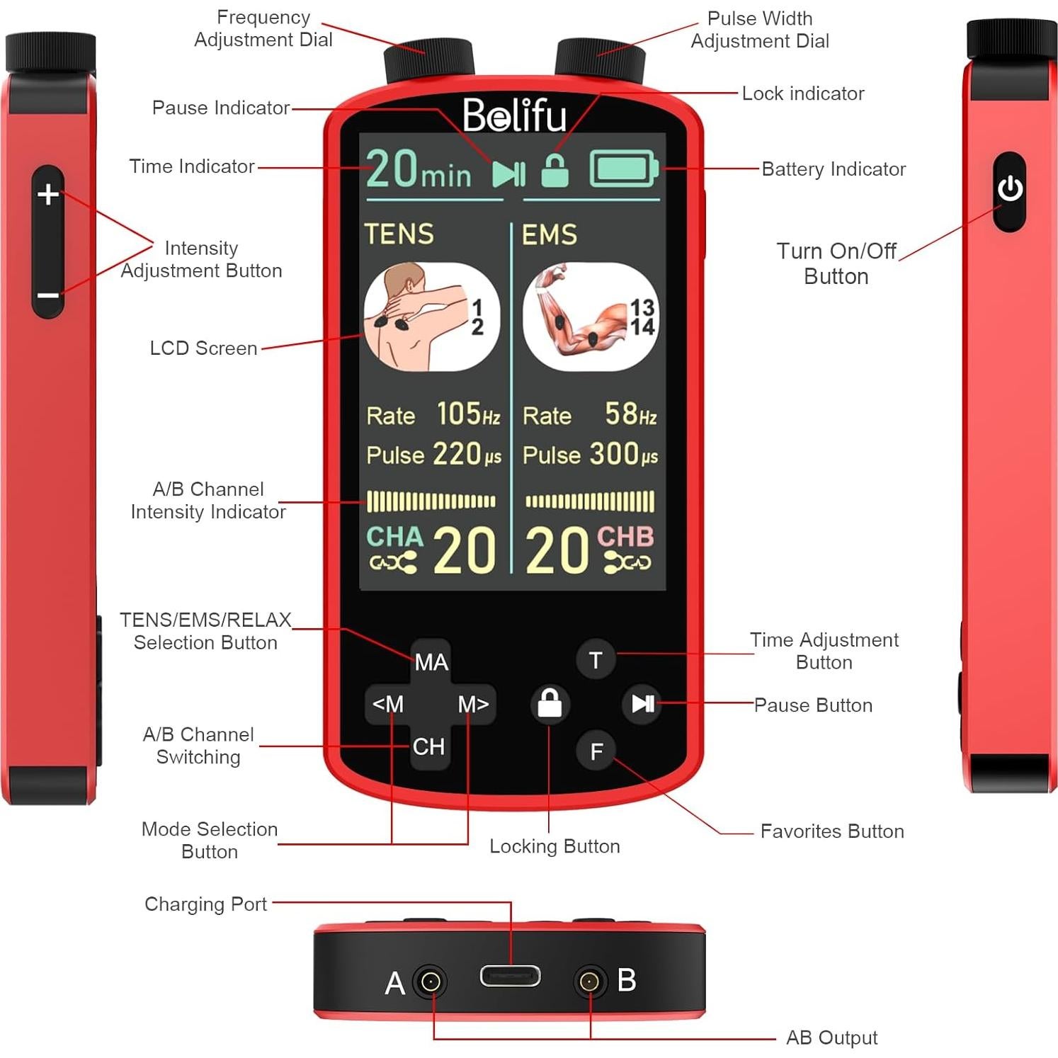 Unidad de Estimulador Muscular TENS EMS Belifu 4 en 1 - 36 Modos