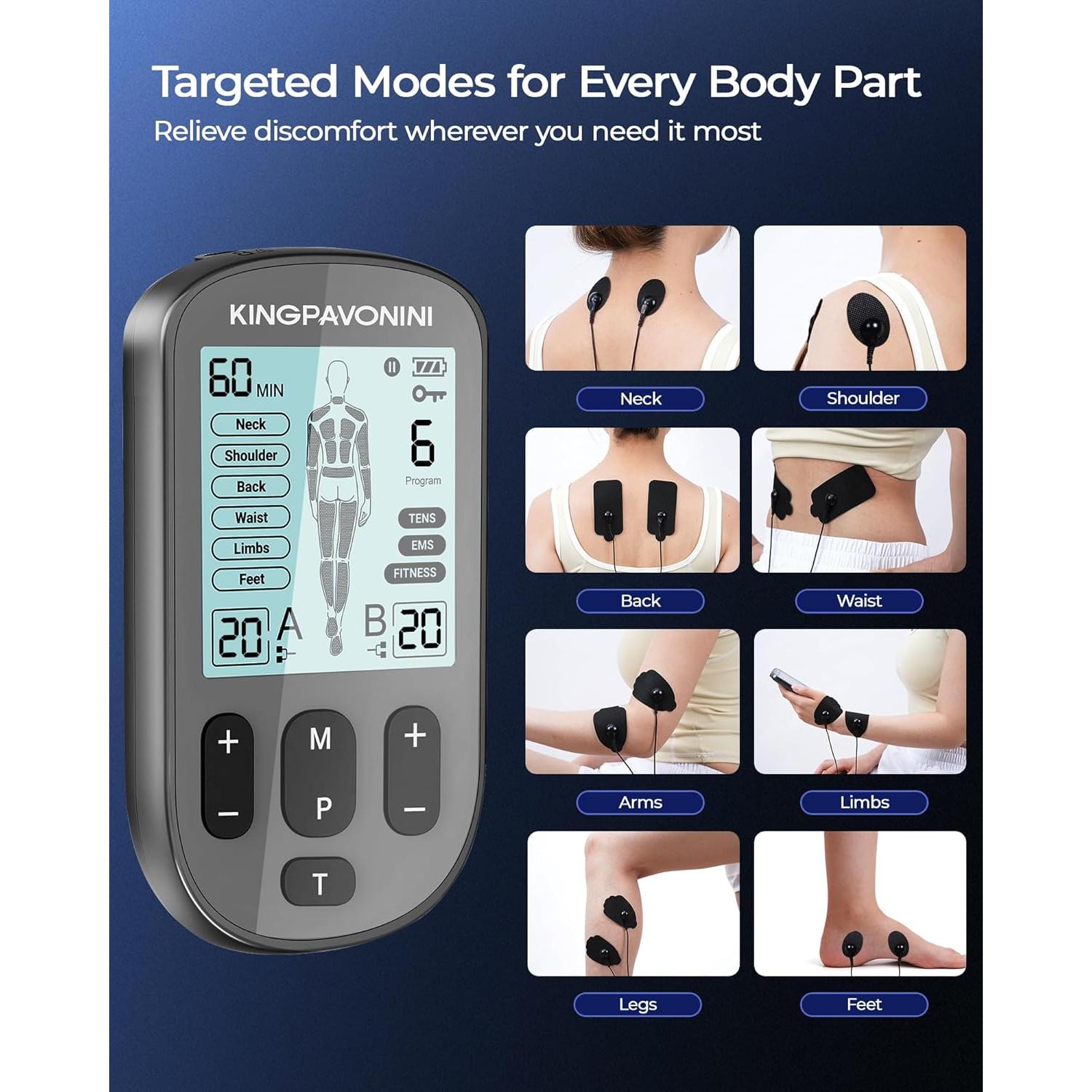 Estimulador Muscular TENS KingPavonini 3-en-1 Doble Canal 36 Modos