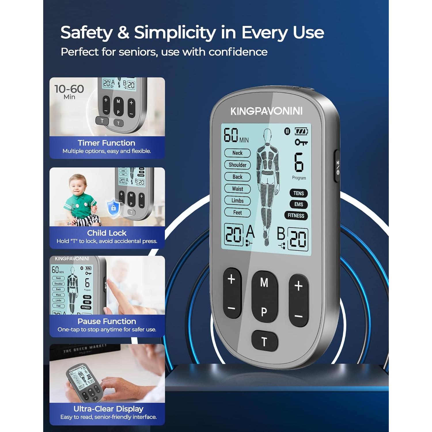 Estimulador Muscular TENS KingPavonini 3-en-1 Doble Canal 36 Modos