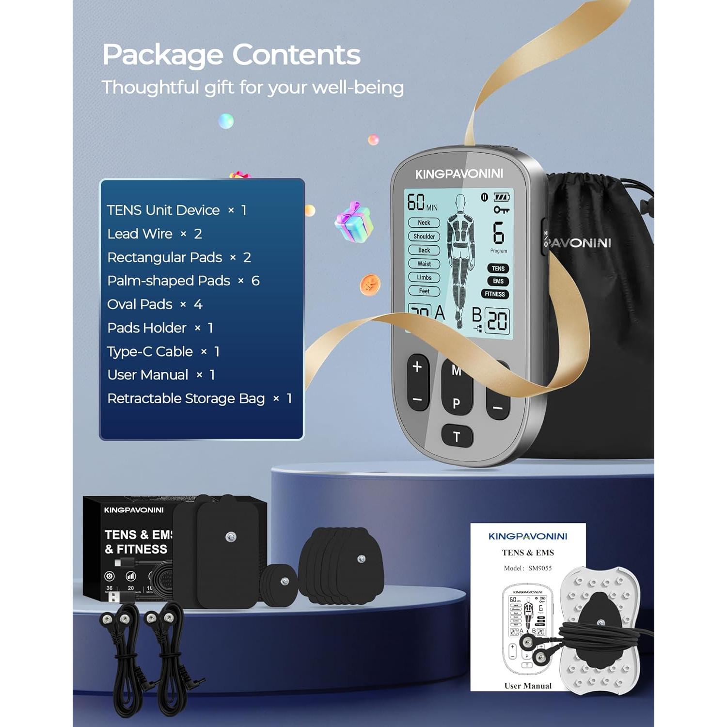 Estimulador Muscular TENS KingPavonini 3-en-1 Doble Canal 36 Modos