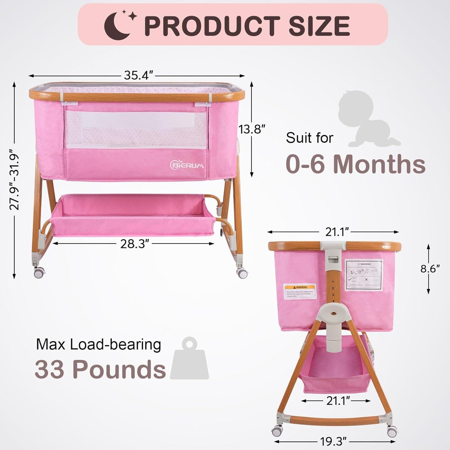 Cuna 4 en 1 BIERUM Rosa Ajustable 6 Alturas con Ruedas