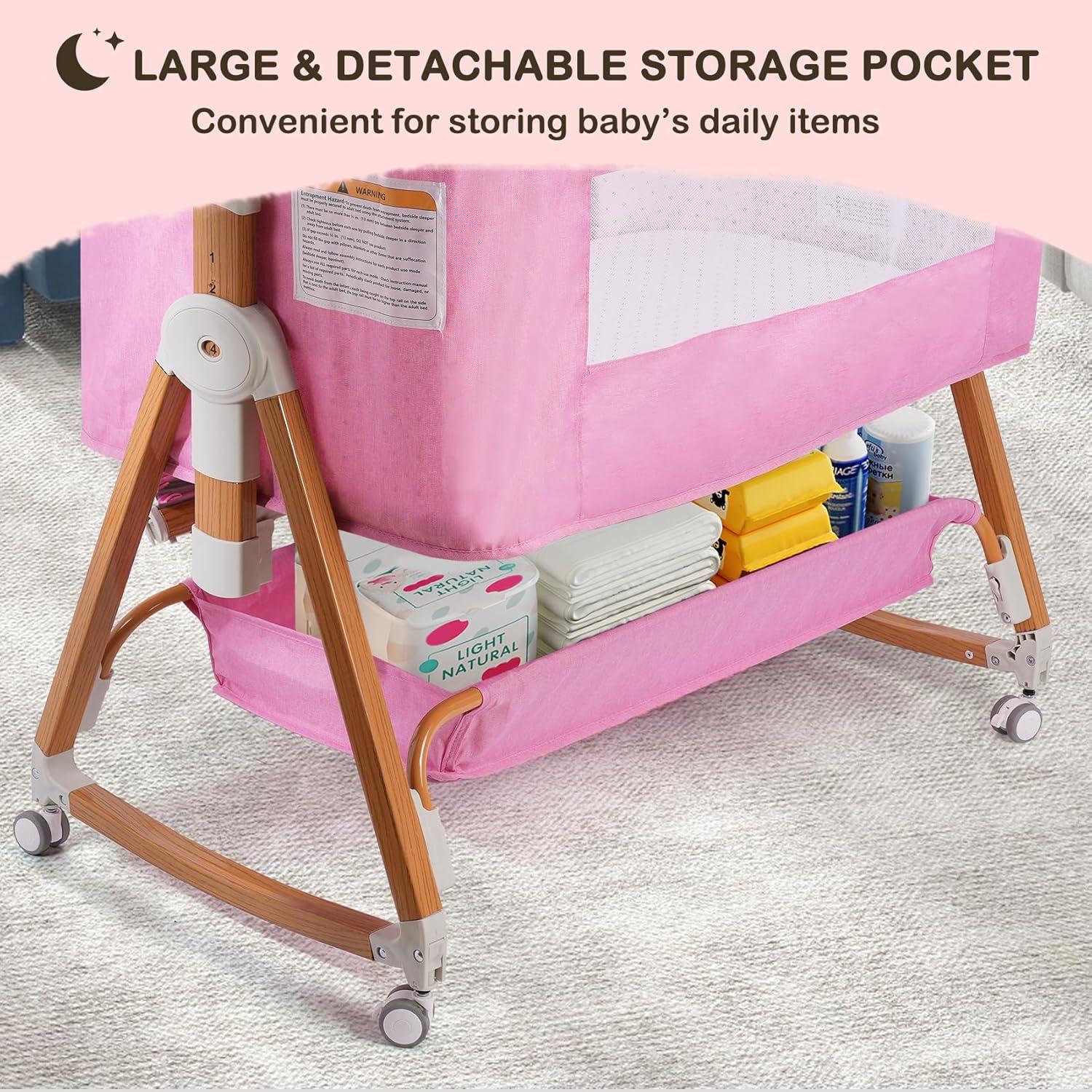 Cuna 4 en 1 BIERUM Rosa Ajustable 6 Alturas con Ruedas