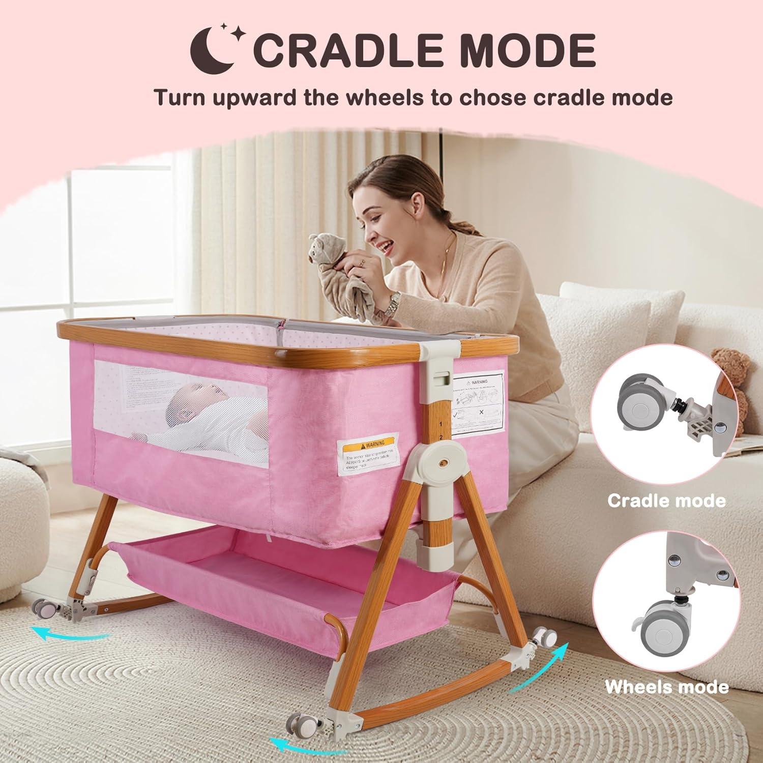 Cuna 4 en 1 BIERUM Rosa Ajustable 6 Alturas con Ruedas