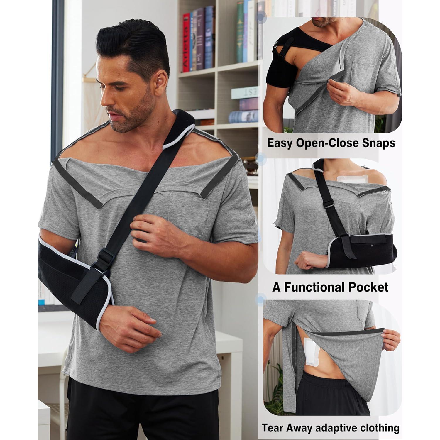 Camisa post cirugía de hombro Deyeek para hombres - Manga corta, botones a presión, hipoalergénica