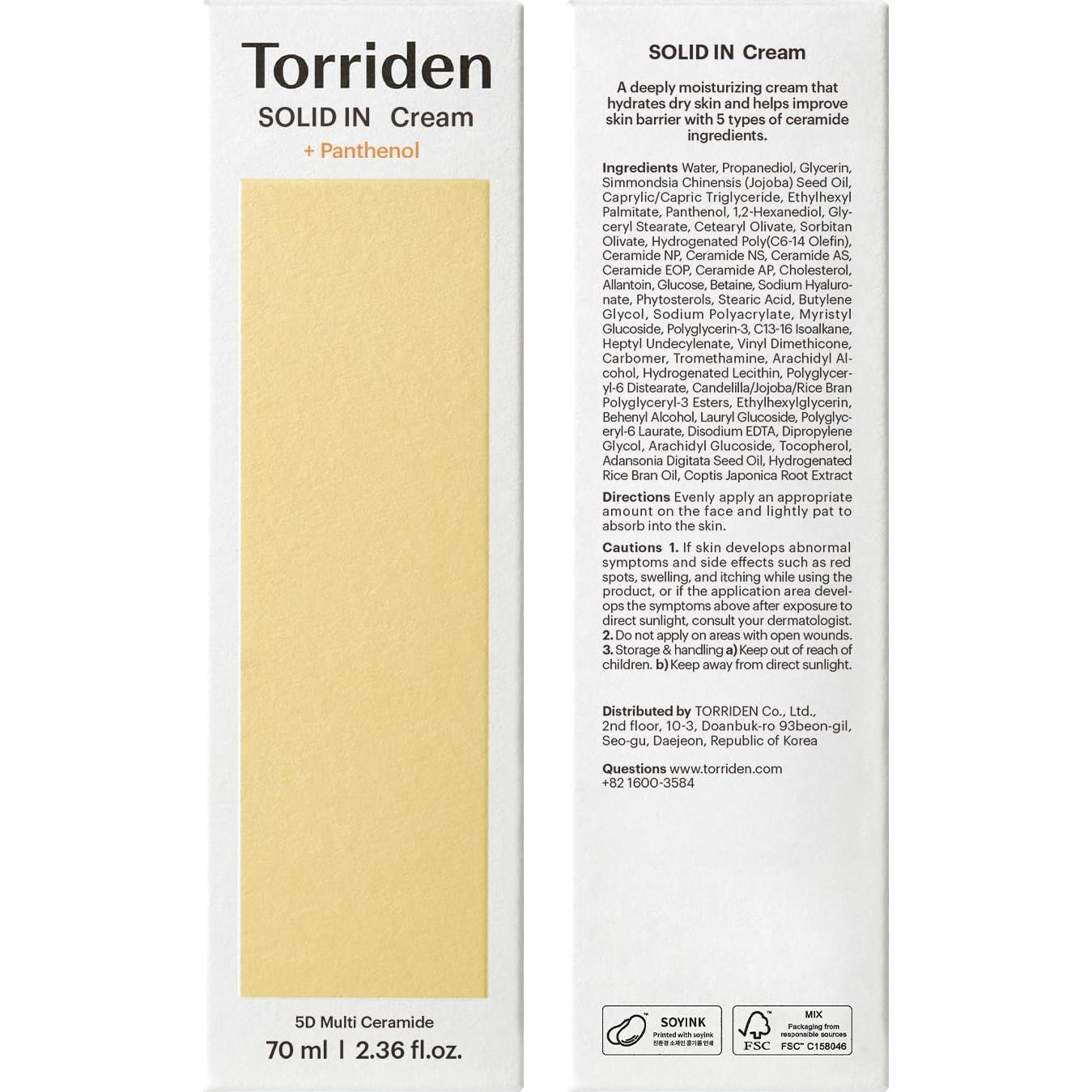 Crema Hidratante de Ceramida Torriden SOLID IN 70ml