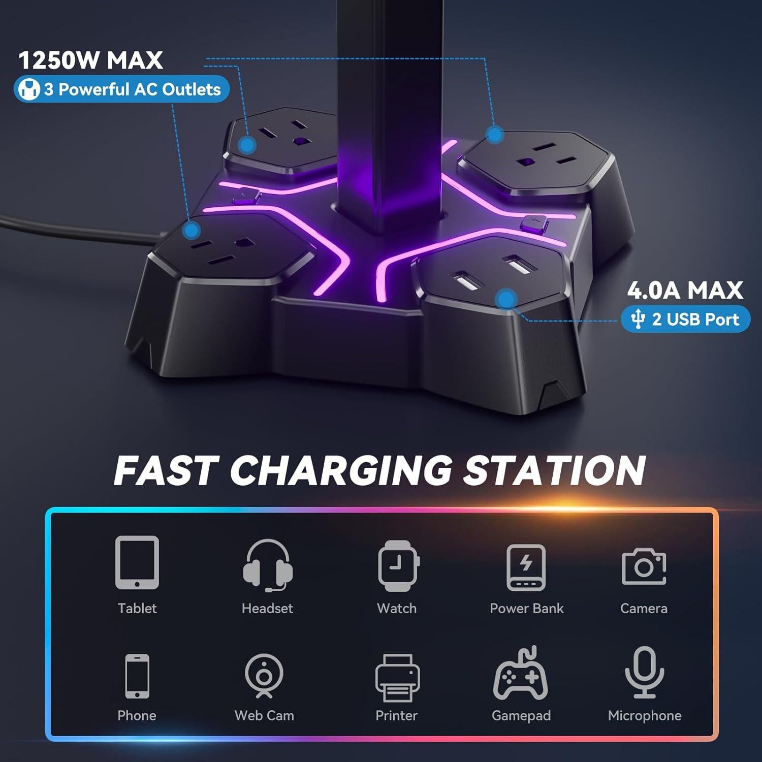 Soporte para Auriculares KDD con Cargador USB y 3 Salidas CA