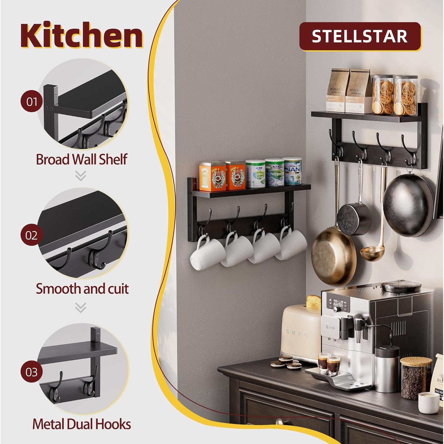 Perchero de pared STELLSTAR con estante y 8 ganchos - Negro