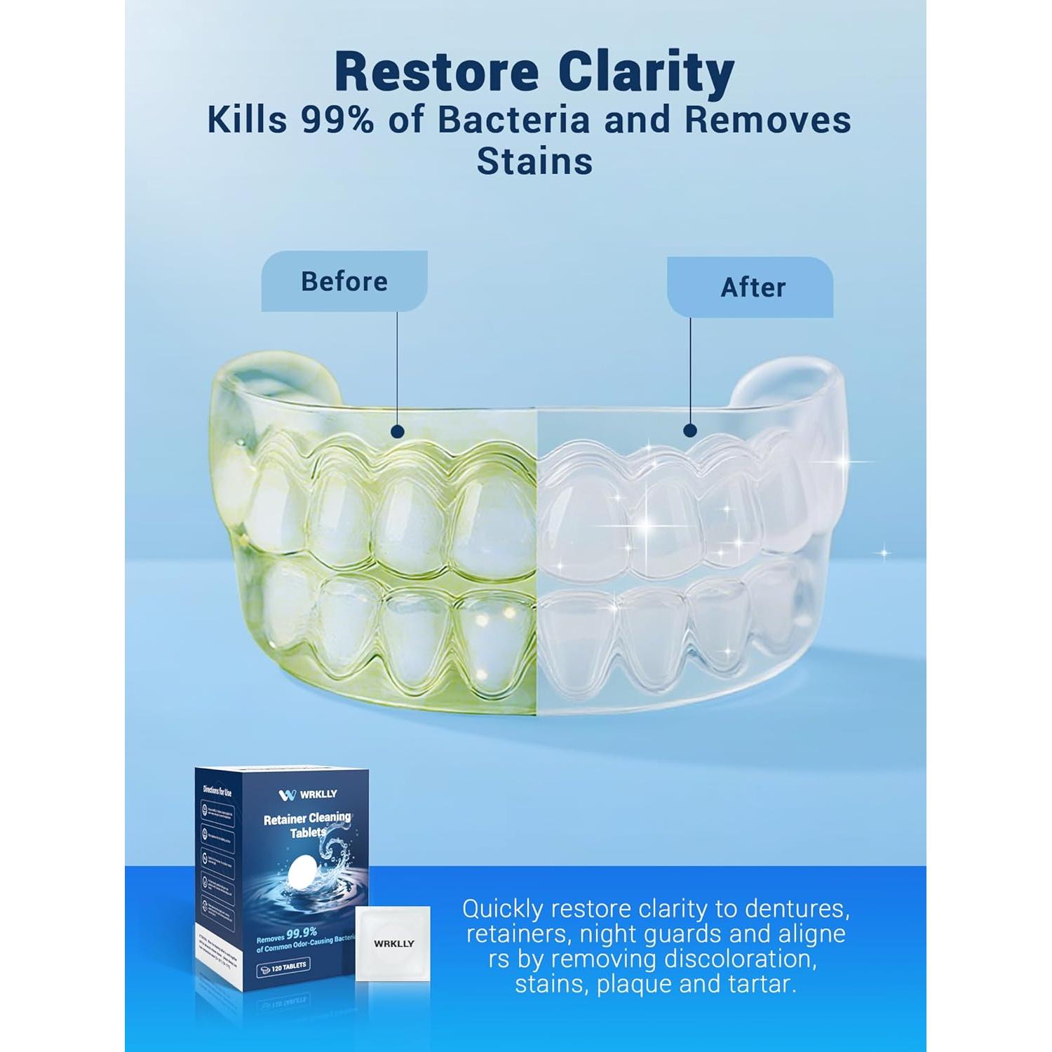 120 Tabletas Limpiadoras WRKLLY para Retenedores y Dentaduras