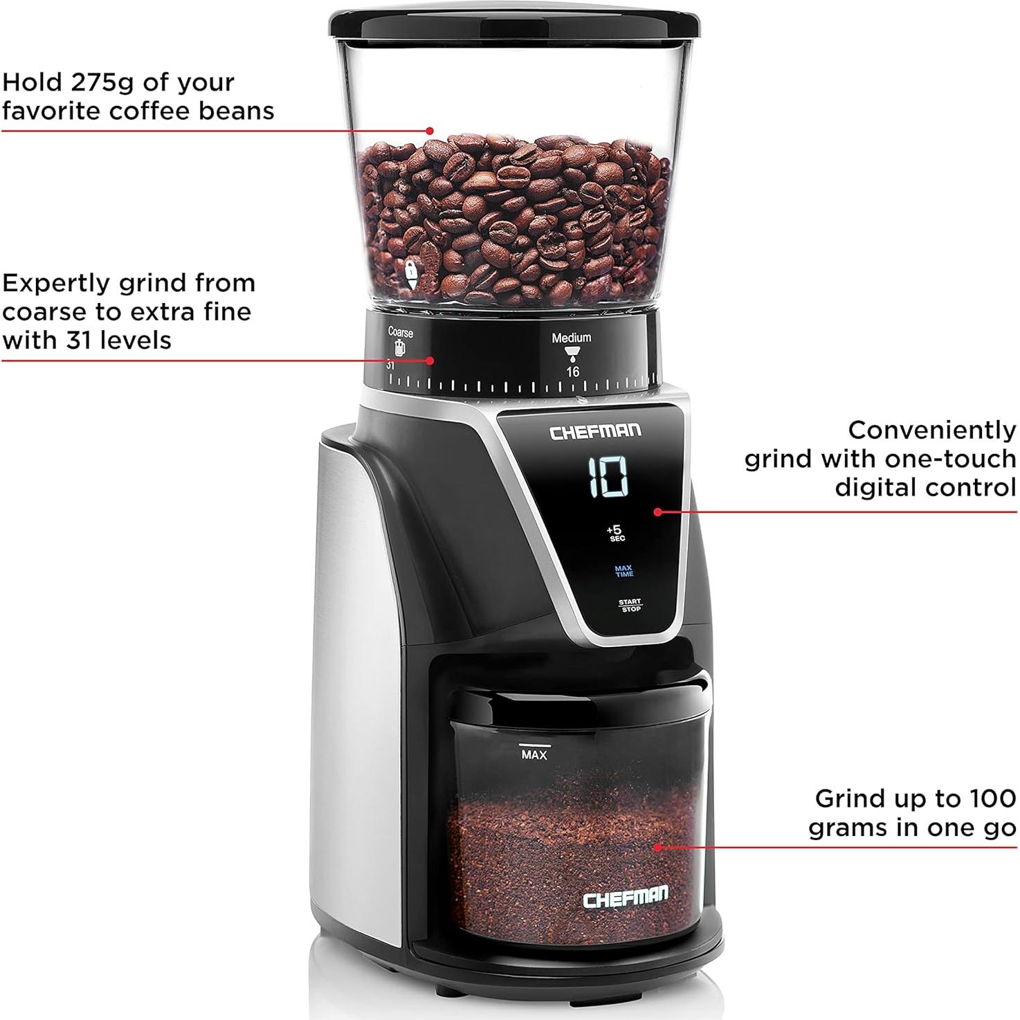 Molino de Café Burr Conical Chefman 31 Configuraciones 275g