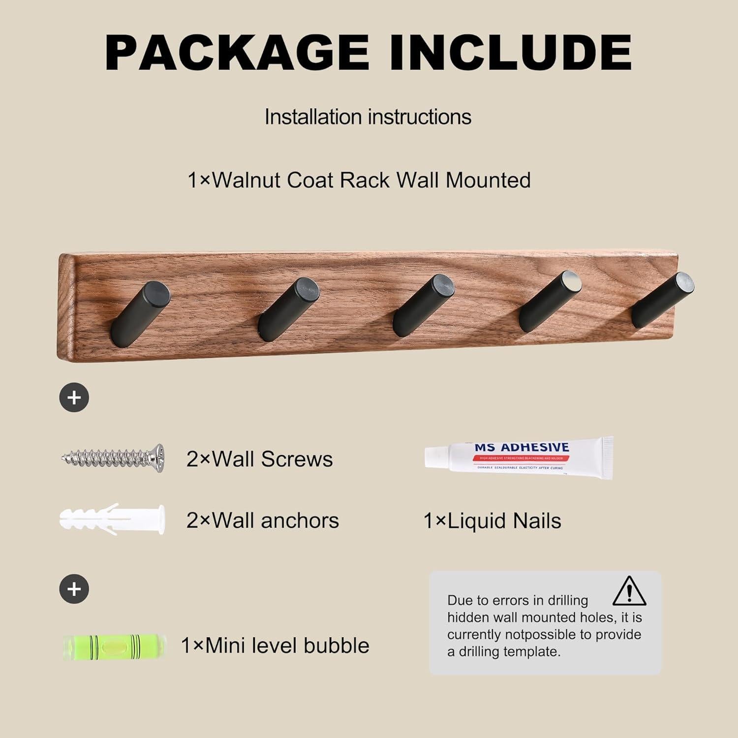 Perchero de Madera LECHYN 5 Ganchos Montado en Pared Nogal