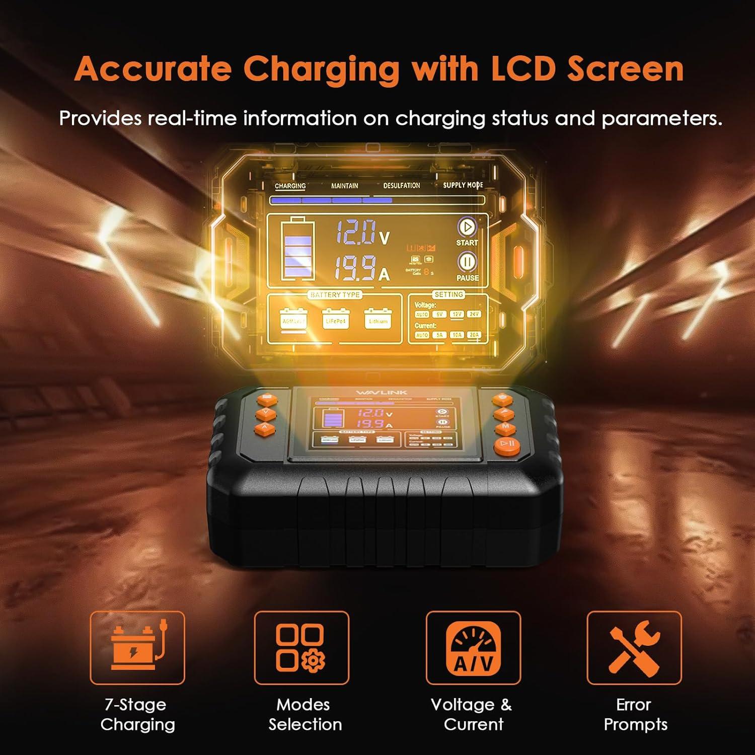 Cargador de Batería Inteligente WAVLINK 20A con Pantalla LCD