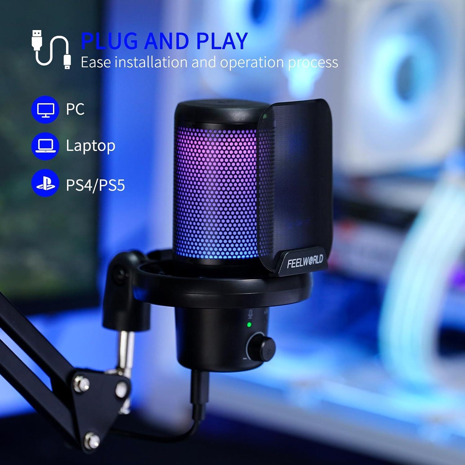 Micrófono USB de Condensador FEELWORLD VM1 con Luz RGB