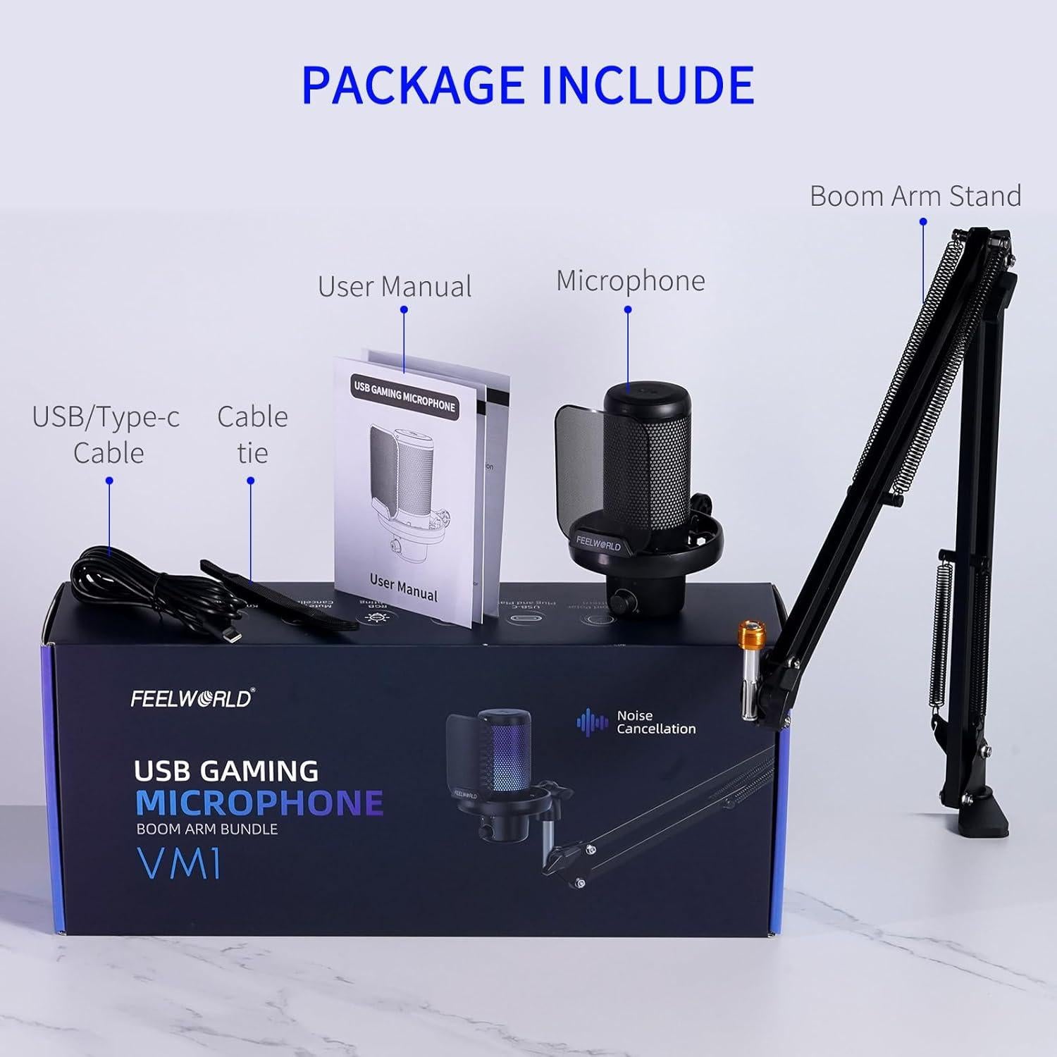 Micrófono USB de Condensador FEELWORLD VM1 con Luz RGB