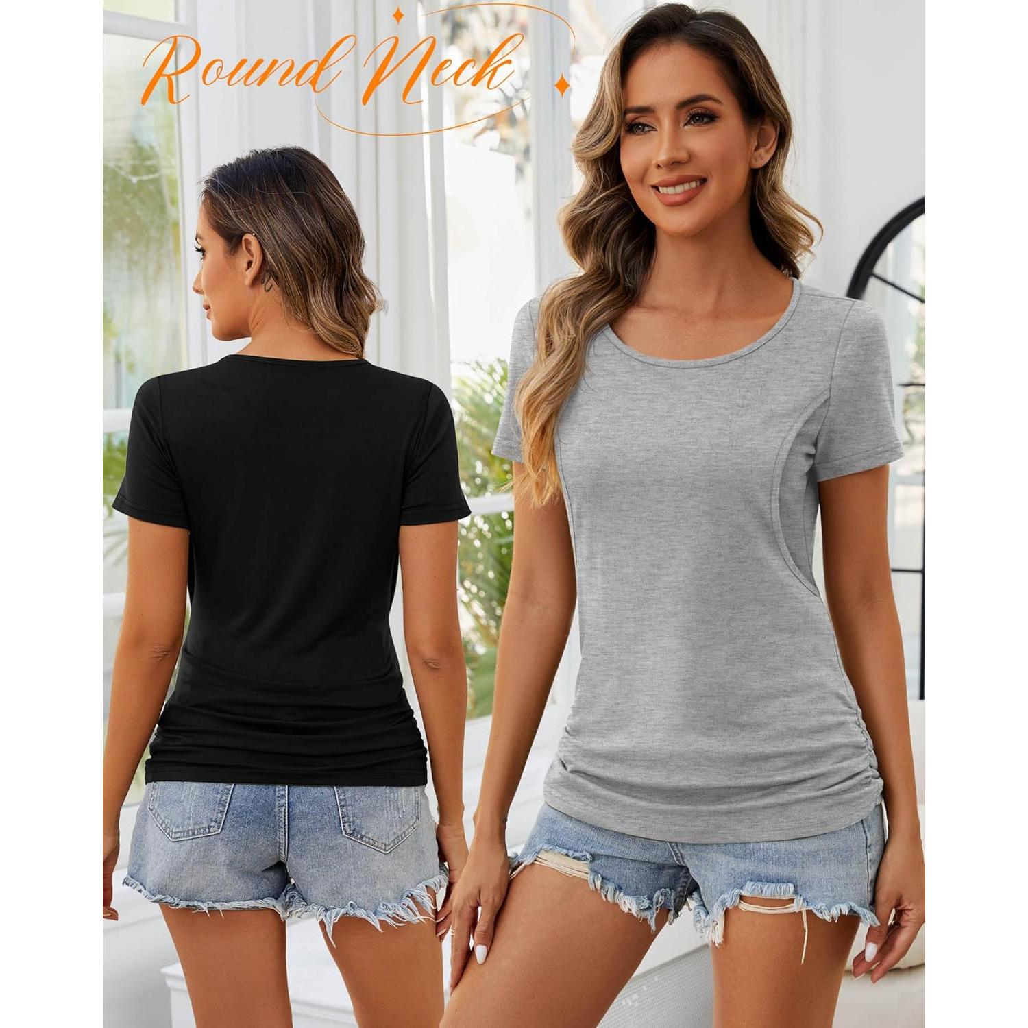 Ficerd 4 Camisetas de Lactancia Manga Corta para Mujeres