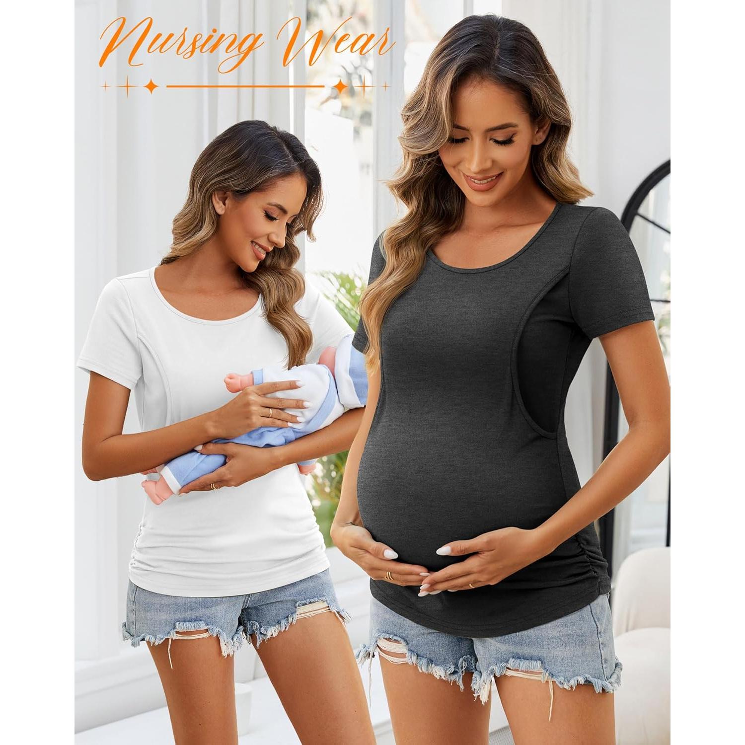 Ficerd 4 Camisetas de Lactancia Manga Corta para Mujeres