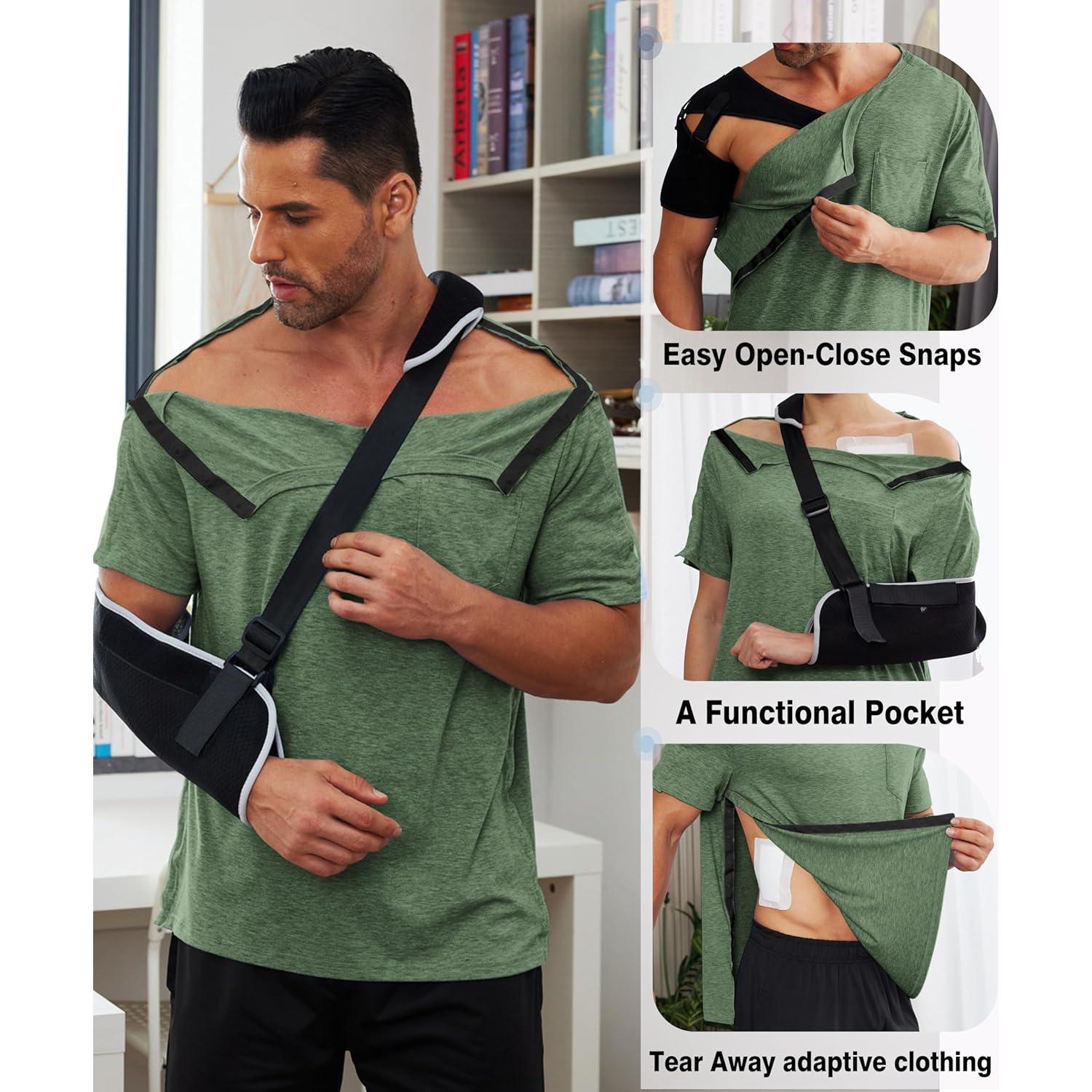 Camisa post cirugía de hombro Deyeek, manga corta, verde militar