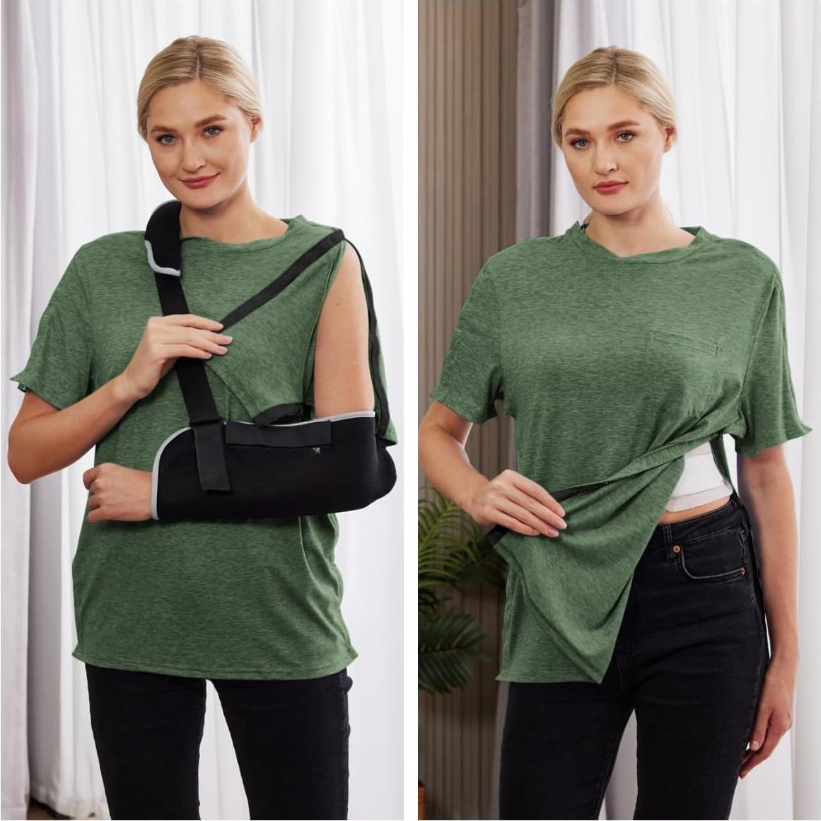 Camisa post cirugía de hombro Deyeek, manga corta, verde militar