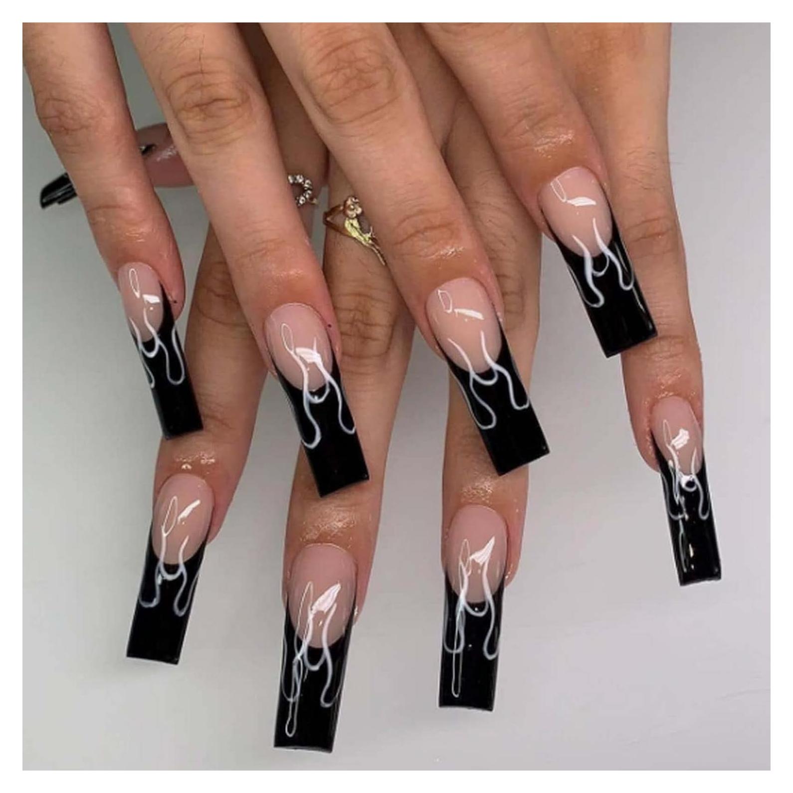 Uñas Postizas Acrílicas Nude Cuadradas 24PCS Coffin Negro