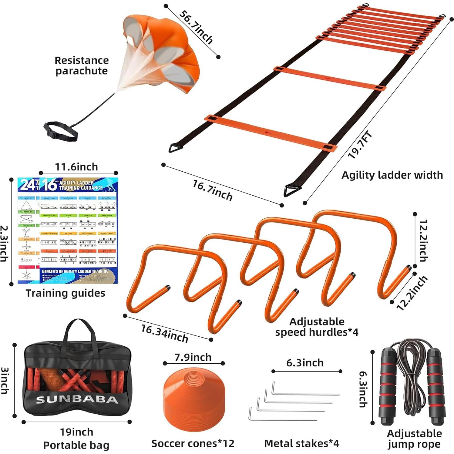Equipo de Entrenamiento de Velocidad Sunbaba - Escalera 6.1m, 4 Vallas, 12 Conos