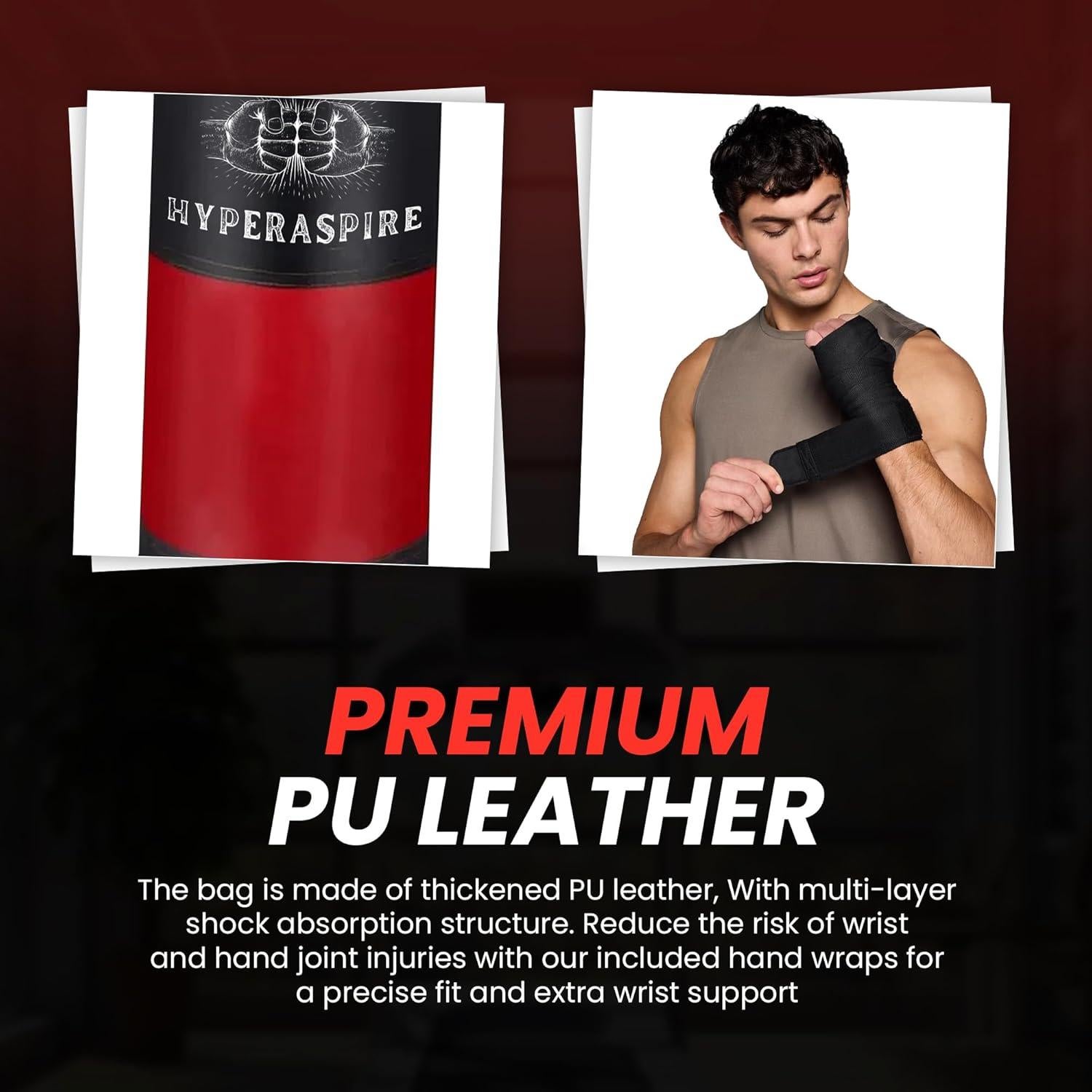 Saco de Boxeo HYPERASPIRE 120cm PU con Vendajes y Soporte