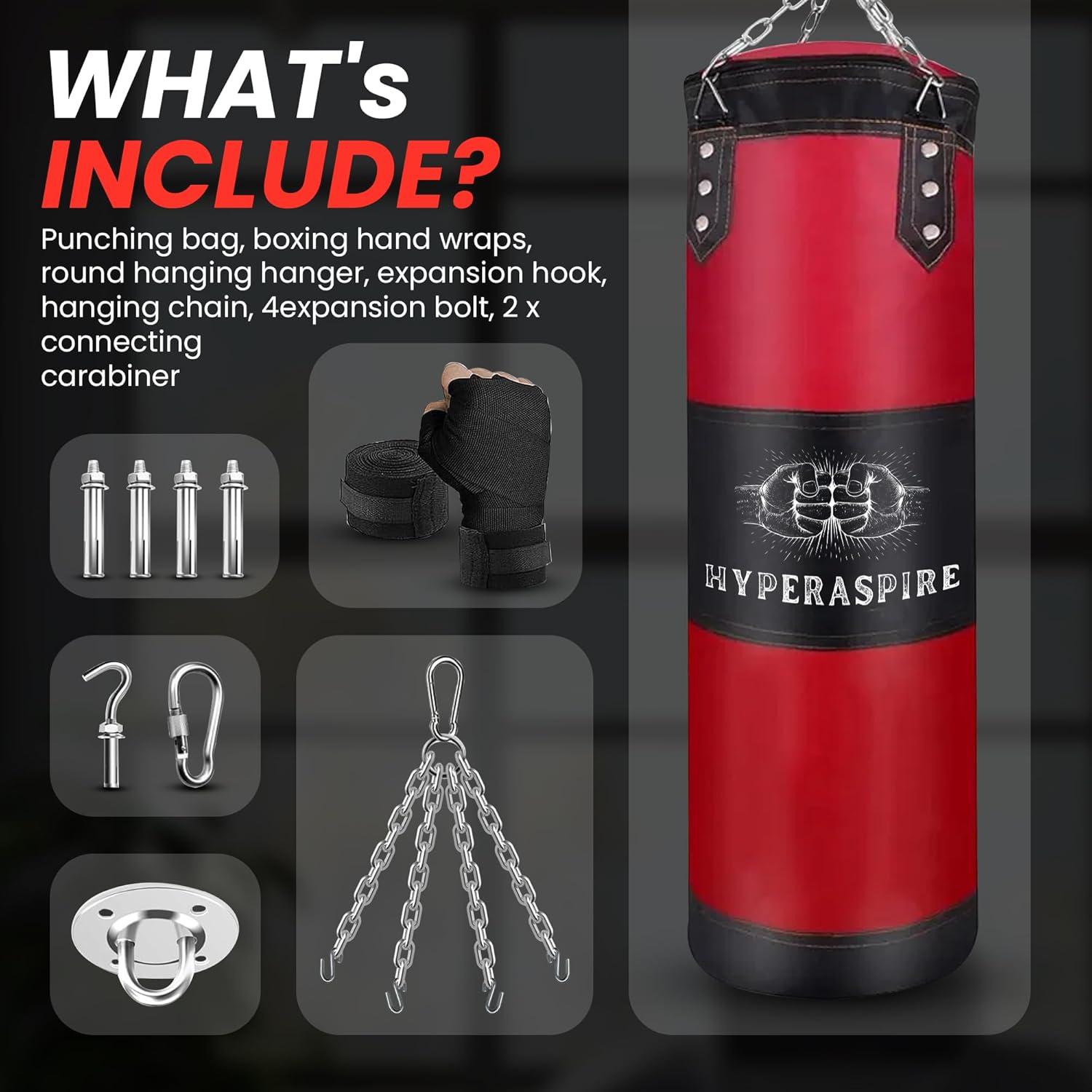 Saco de Boxeo HYPERASPIRE 120cm PU con Vendajes y Soporte