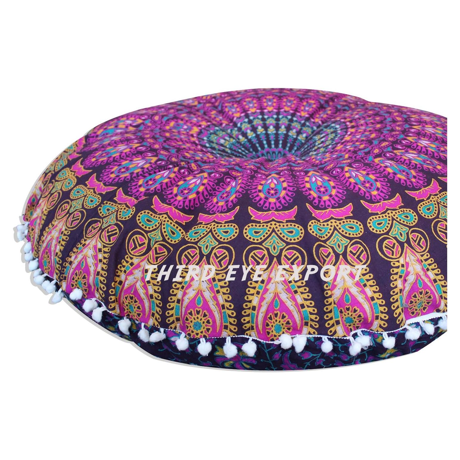 Funda de Cojín Redondo Bohemio Mandala Morado 81 cm