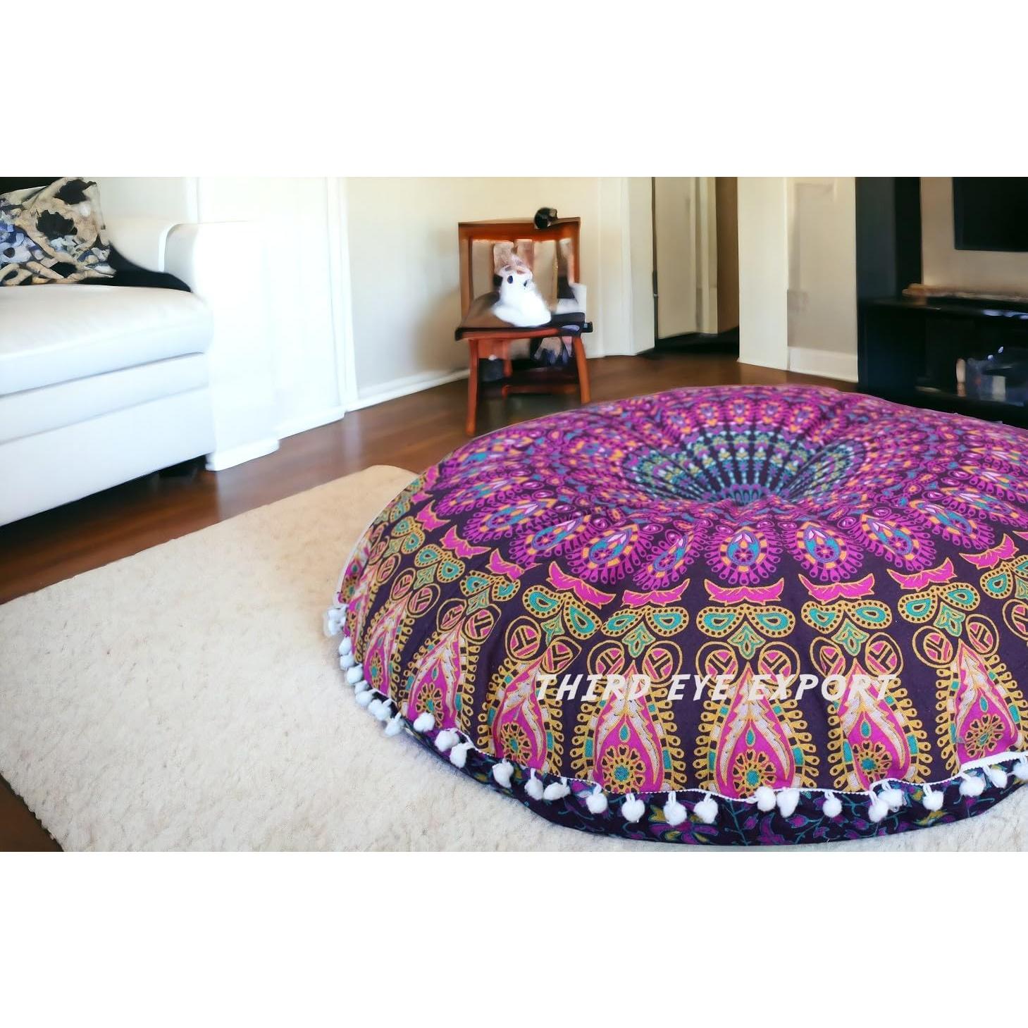 Funda de Cojín Redondo Bohemio Mandala Morado 81 cm