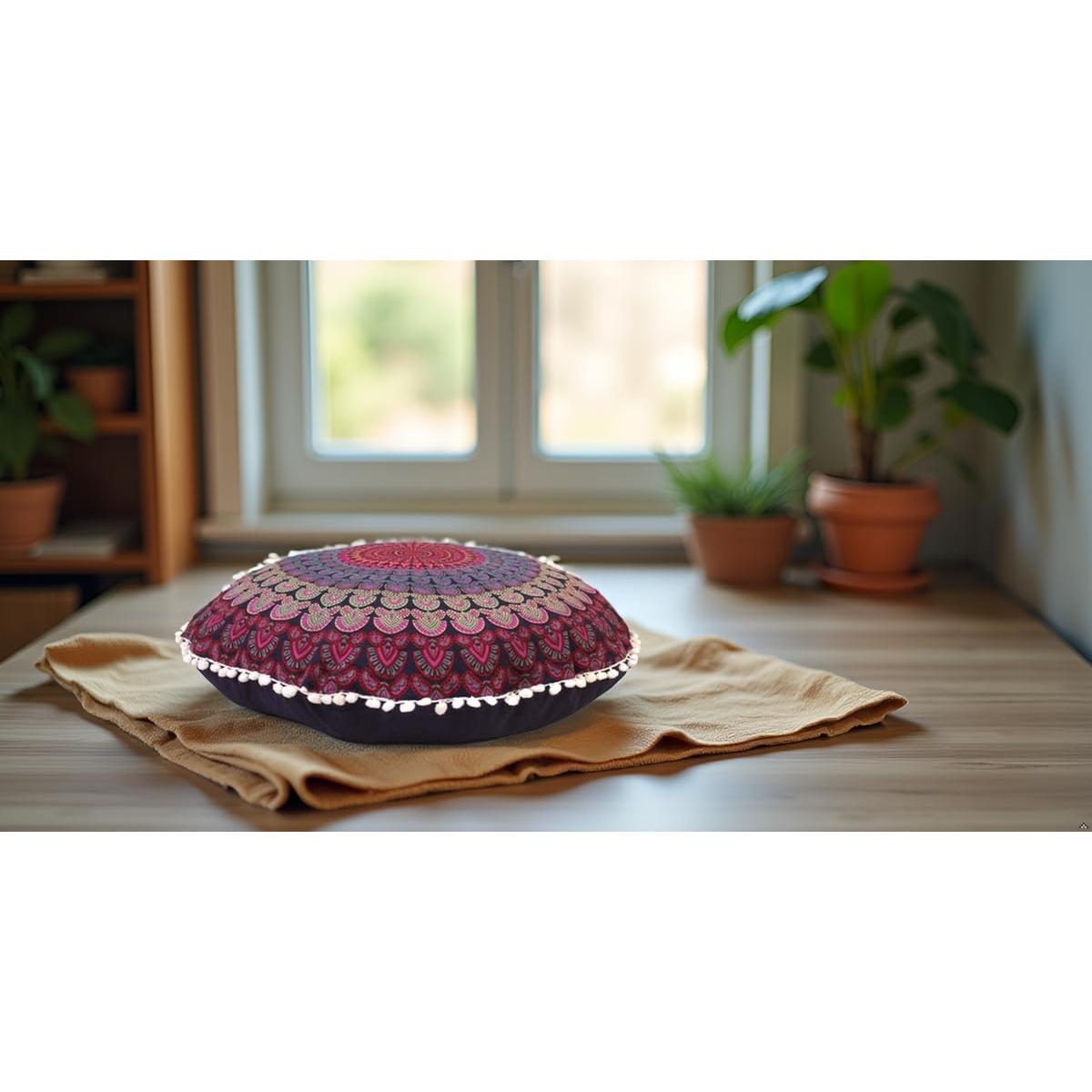 Funda de cojín de piso redonda 55 cm Mandala Bohemio Rosa