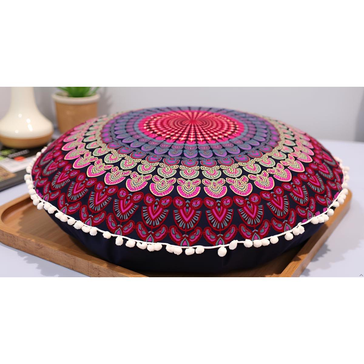 Funda de cojín de piso redonda 55 cm Mandala Bohemio Rosa