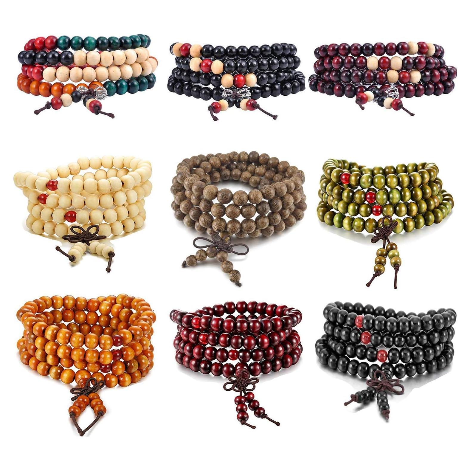 Pulseras de Cadena de Madera K&Q 9 Pcs 108 Cuentas Hechas a Mano