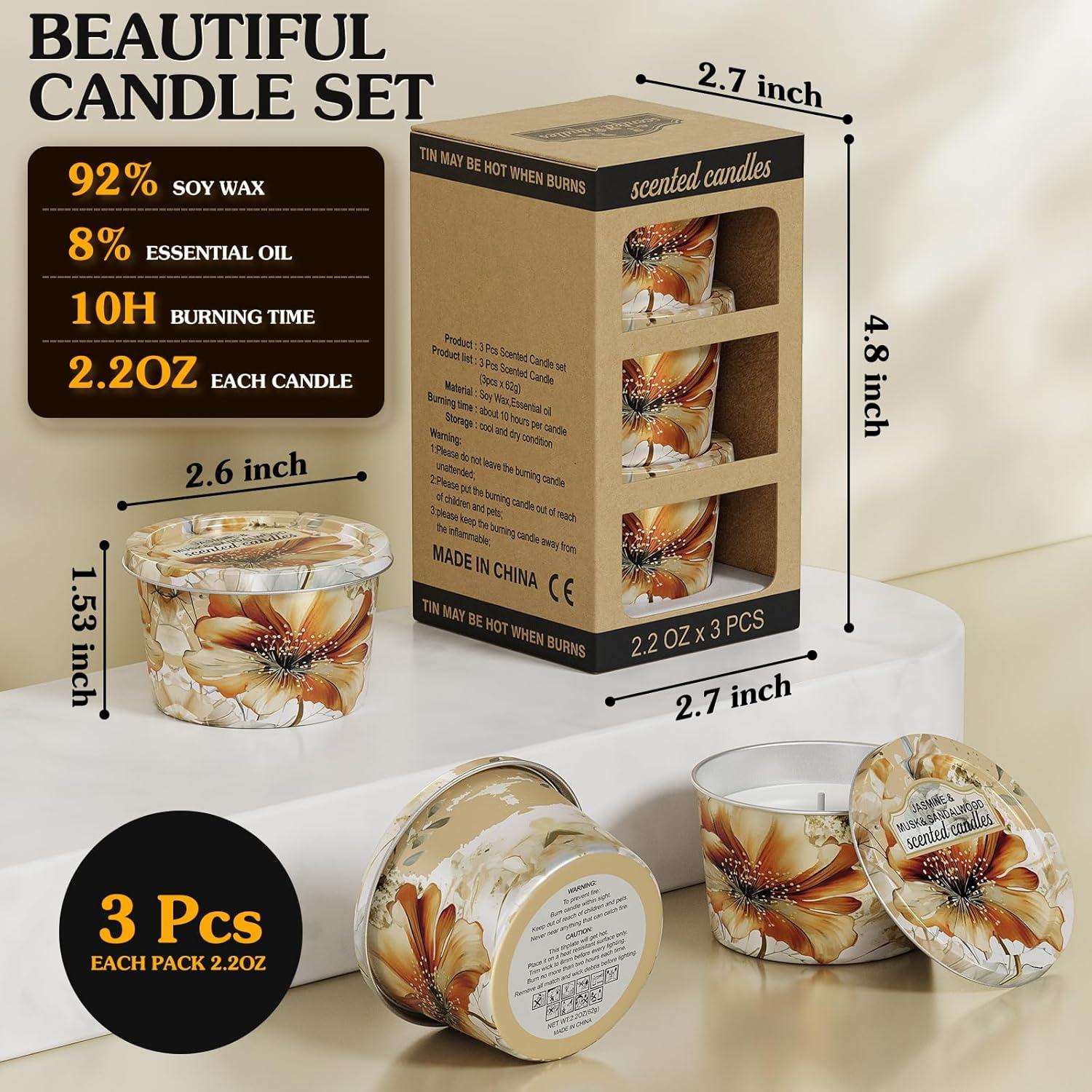 Juego de Velas Aromáticas Vortixx - 3 Paquetes 62g Jazmín, Almizcle, Sándalo