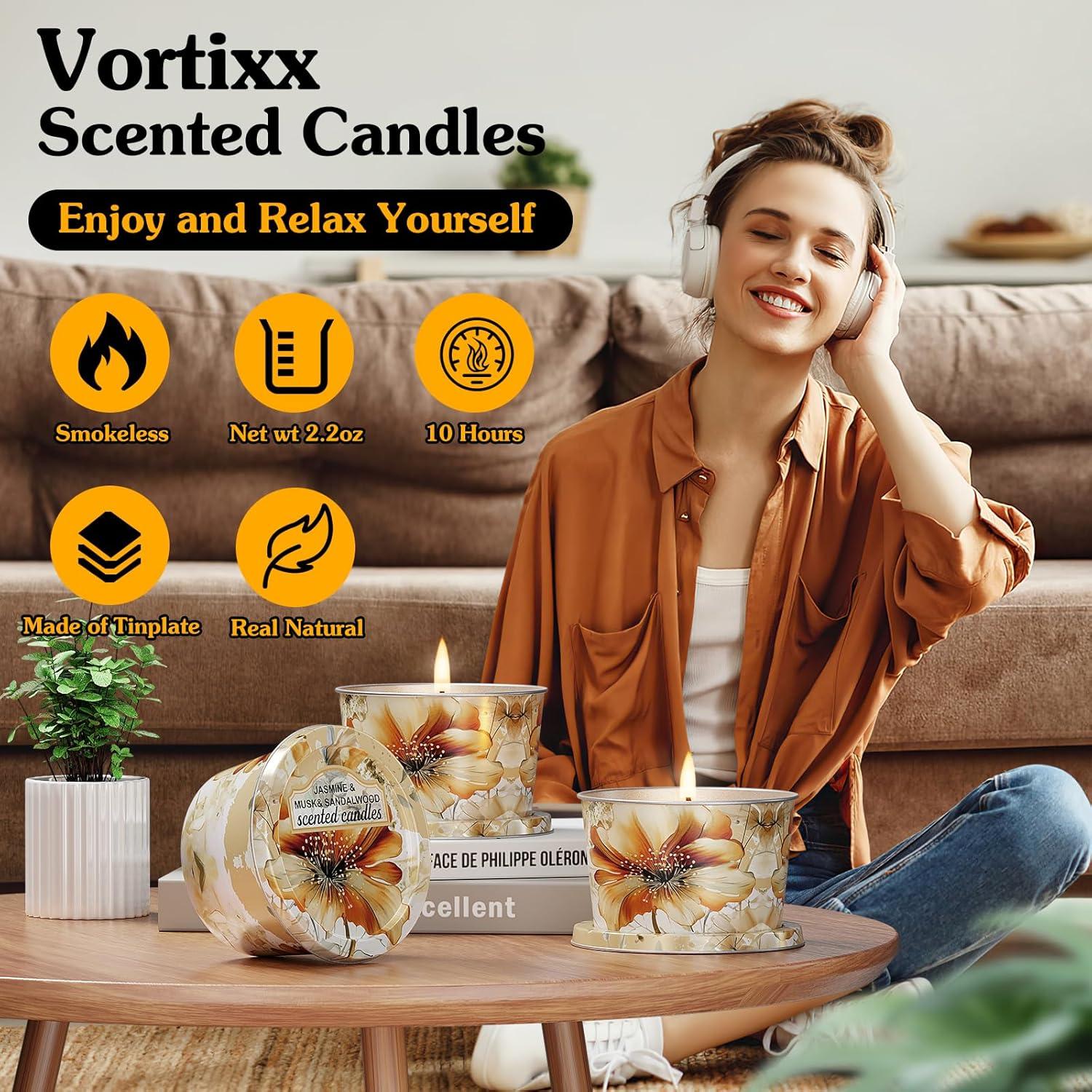 Juego de Velas Aromáticas Vortixx - 3 Paquetes 62g Jazmín, Almizcle, Sándalo