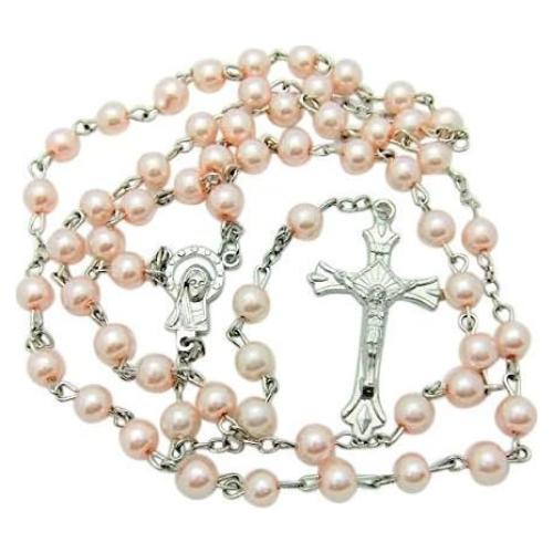 Rosario Católico CB Catholic para Mujeres y Niñas - Cuentas de Vidrio Rosa con Crucifijo de Metal