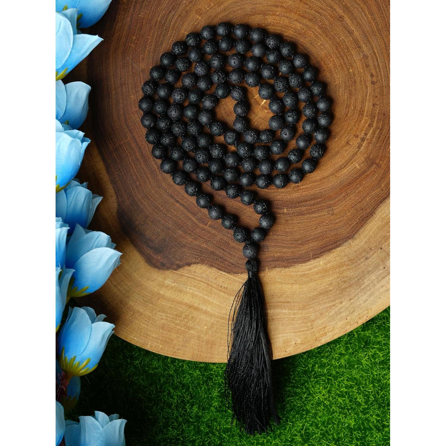 Collar Mala de Rocas de Lava Negra Basalto 108 Cuentas 8mm