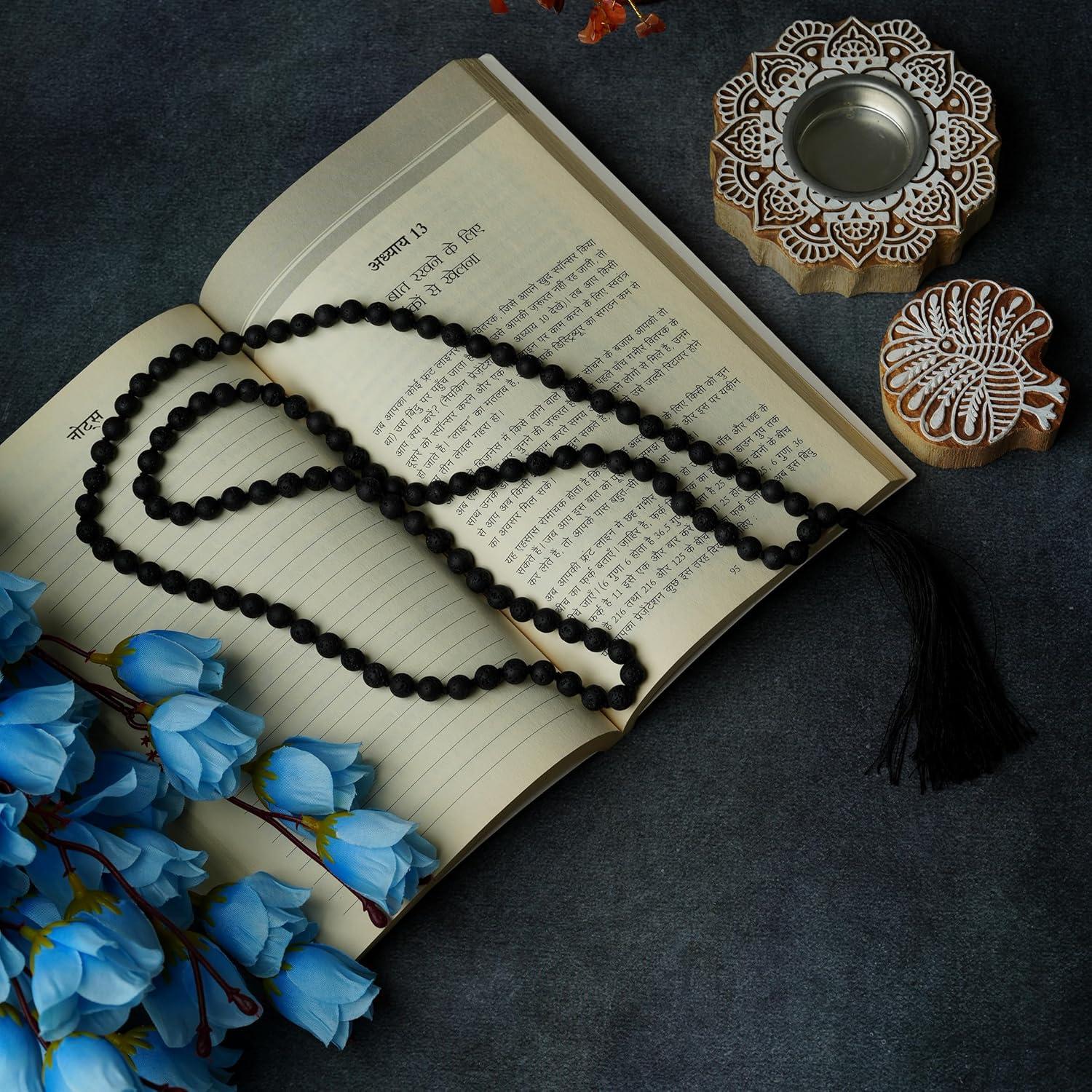 Collar Mala de Rocas de Lava Negra Basalto 108 Cuentas 8mm