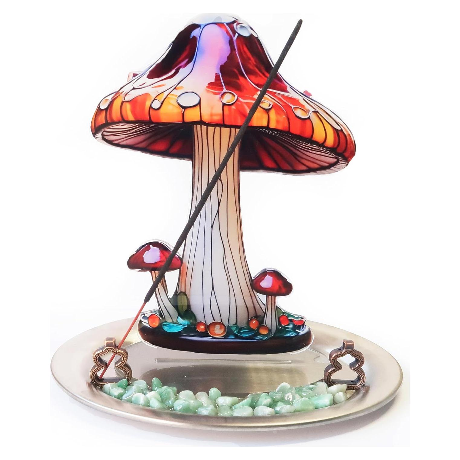 Incense Holder for Sticks with Flat Decorative Plant, 2D Mushroom Incense Burner with Ash Catcher for Meditation Yoga Spa Room Decor(Color 1)