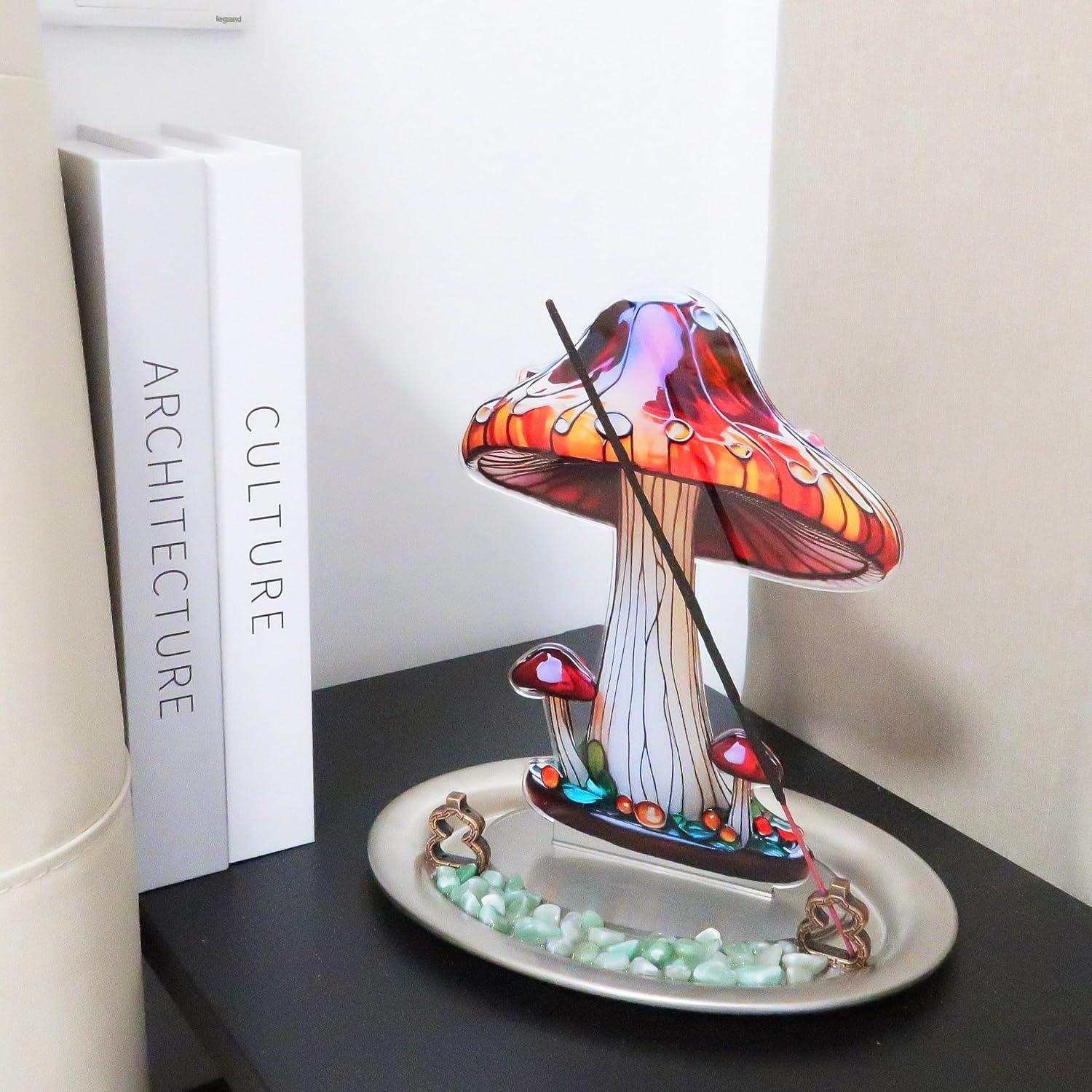 Incense Holder for Sticks with Flat Decorative Plant, 2D Mushroom Incense Burner with Ash Catcher for Meditation Yoga Spa Room Decor(Color 1)