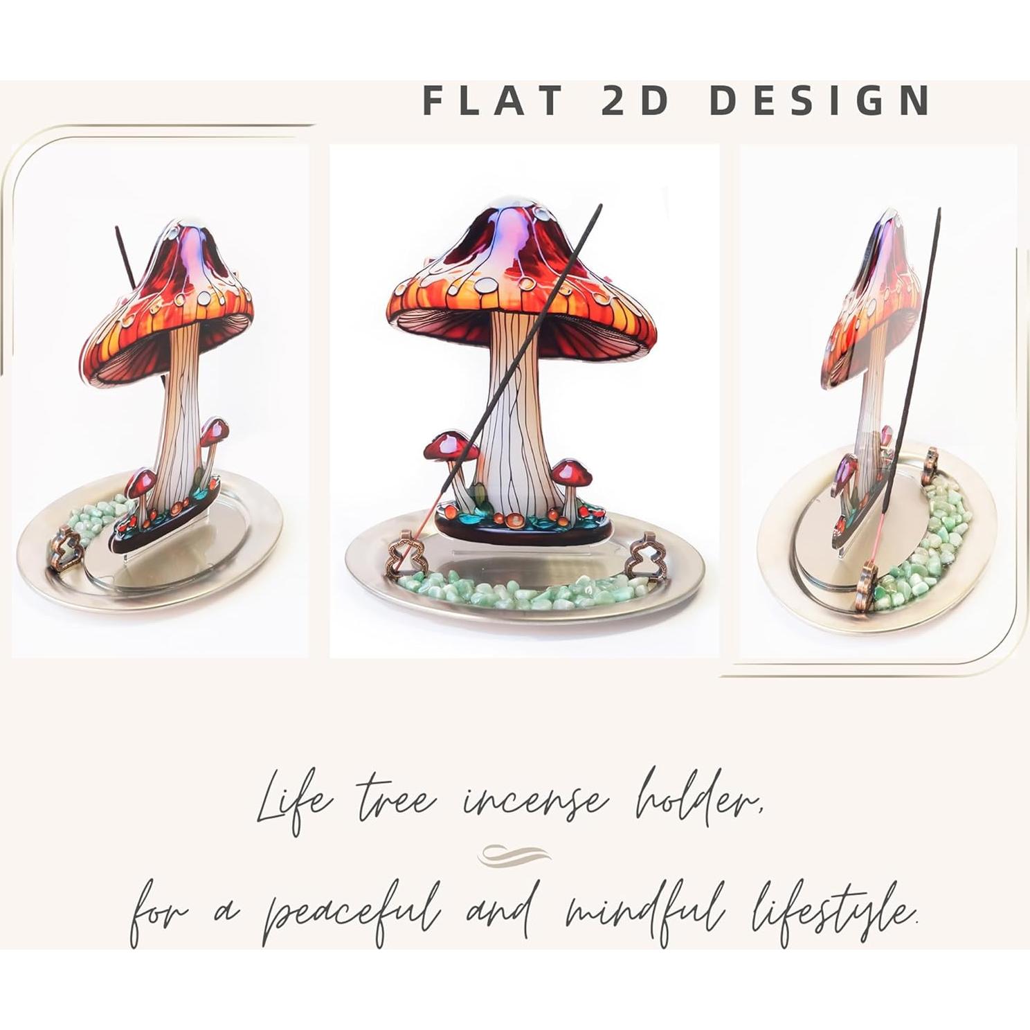 Incense Holder for Sticks with Flat Decorative Plant, 2D Mushroom Incense Burner with Ash Catcher for Meditation Yoga Spa Room Decor(Color 1)