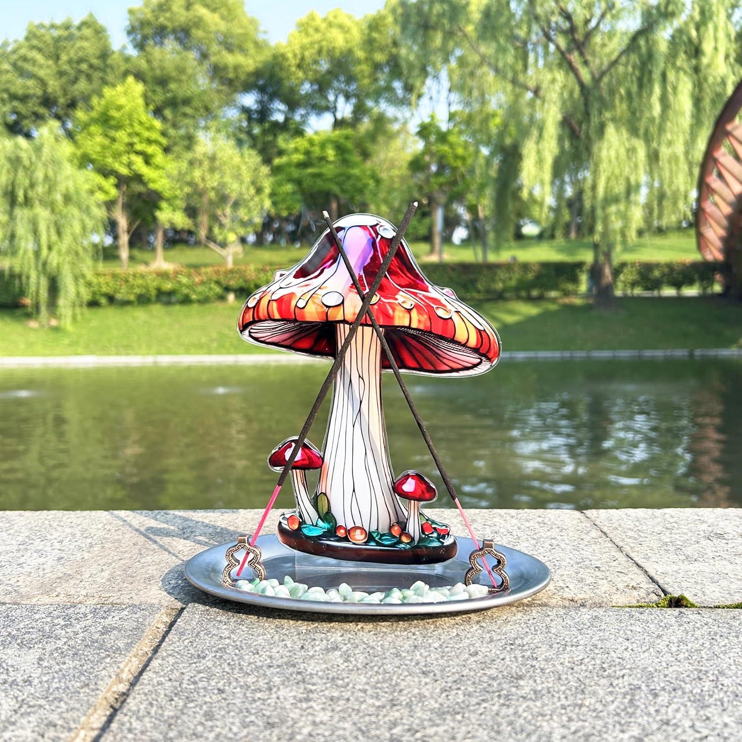 Incense Holder for Sticks with Flat Decorative Plant, 2D Mushroom Incense Burner with Ash Catcher for Meditation Yoga Spa Room Decor(Color 1)