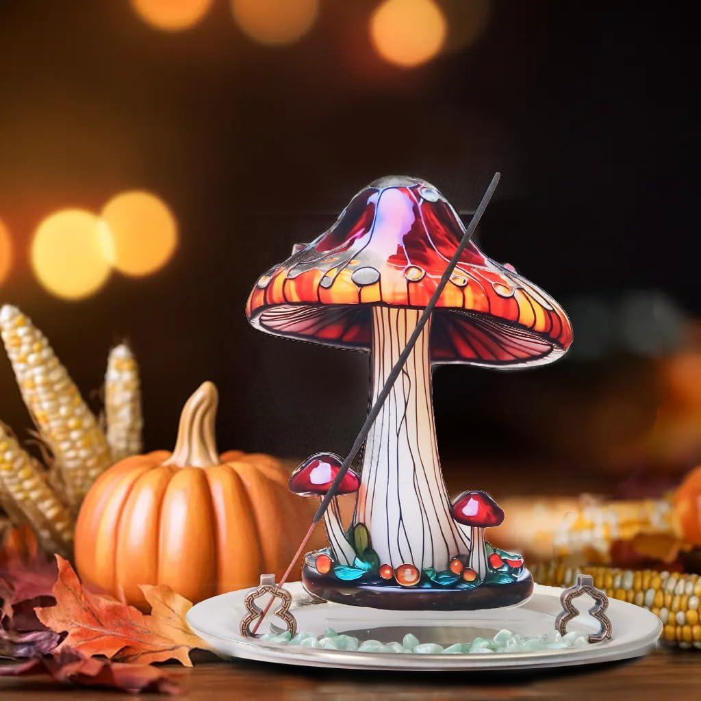Incense Holder for Sticks with Flat Decorative Plant, 2D Mushroom Incense Burner with Ash Catcher for Meditation Yoga Spa Room Decor(Color 1)