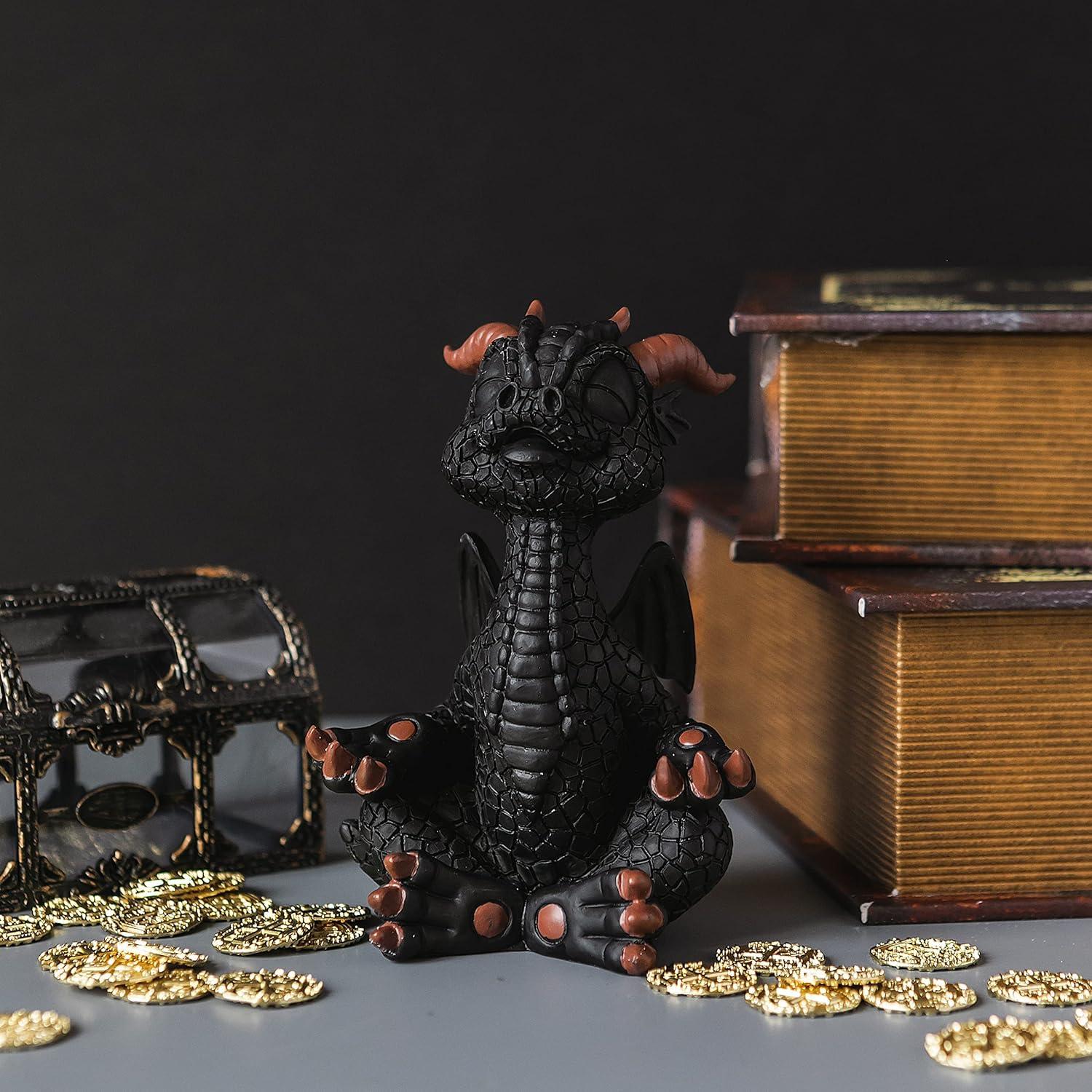 Estatua de Buda Dragón Feliz Negro Meditando JFSM 14 cm