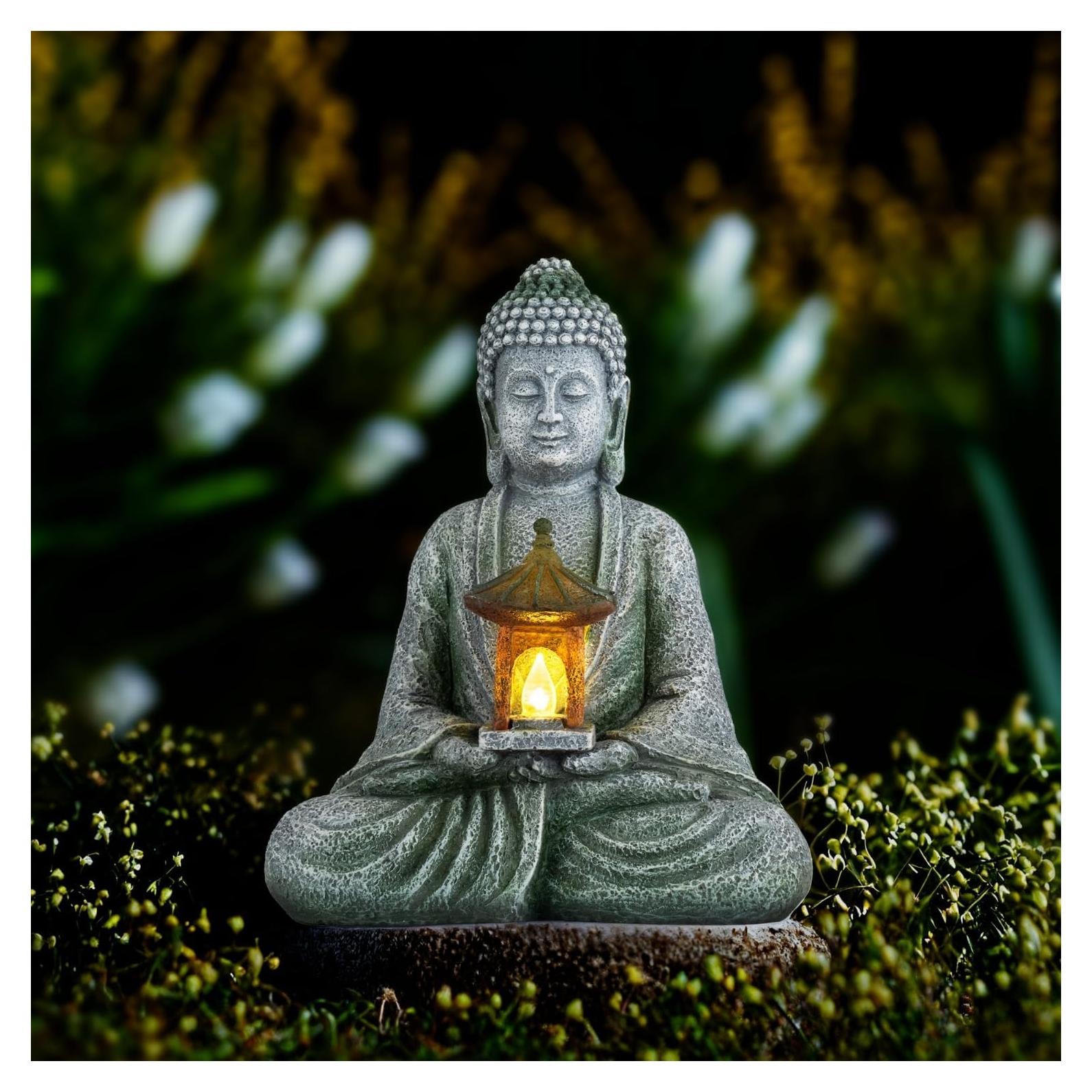 Estatua de Jardín Buda Solar Quterhero 21cm Resina Gris