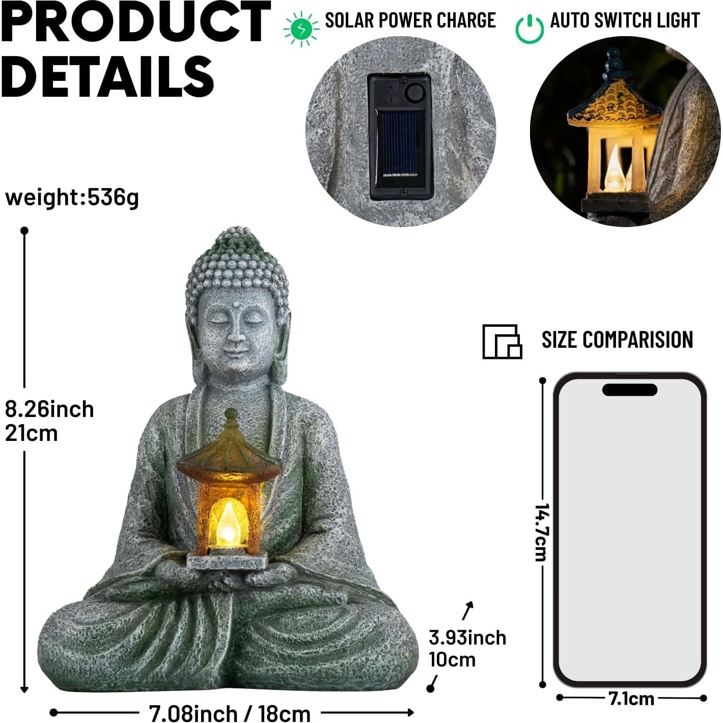 Estatua de Jardín Buda Solar Quterhero 21cm Resina Gris