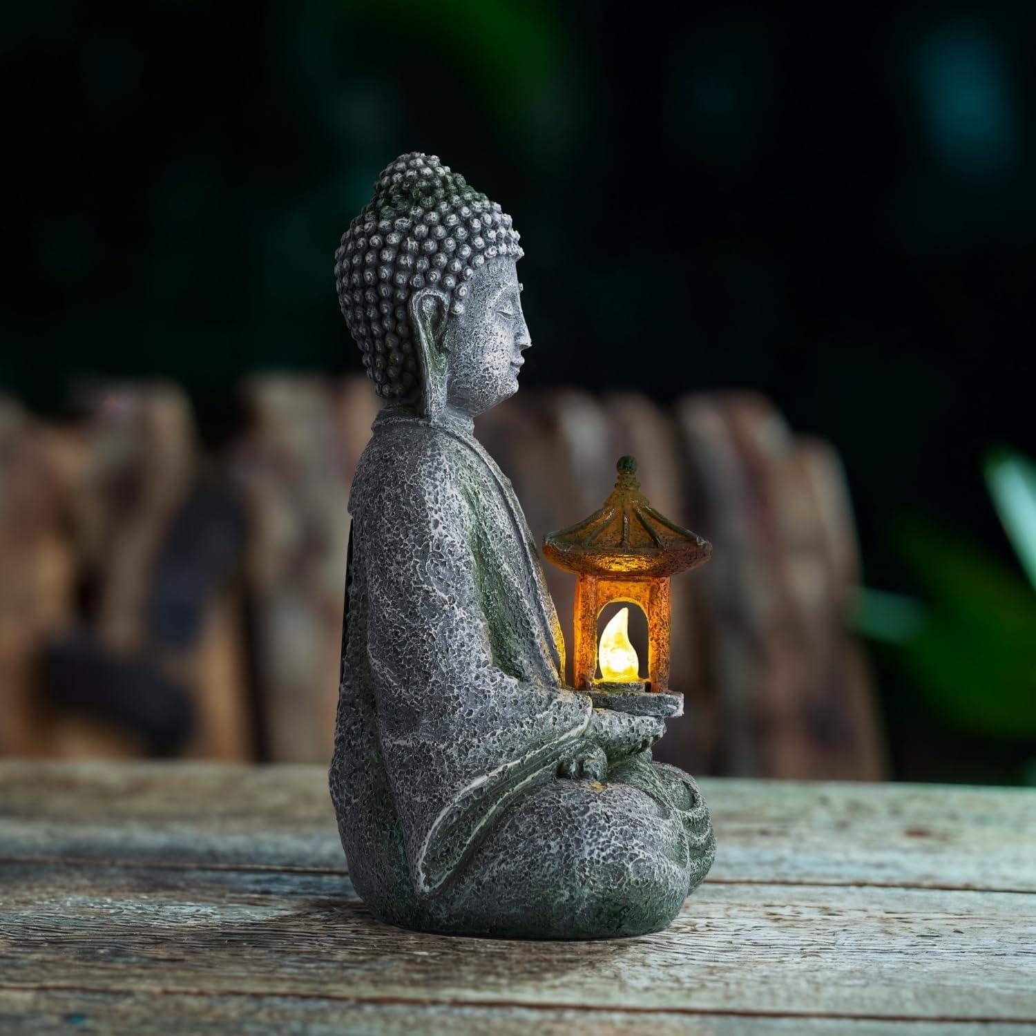 Estatua de Jardín Buda Solar Quterhero 21cm Resina Gris