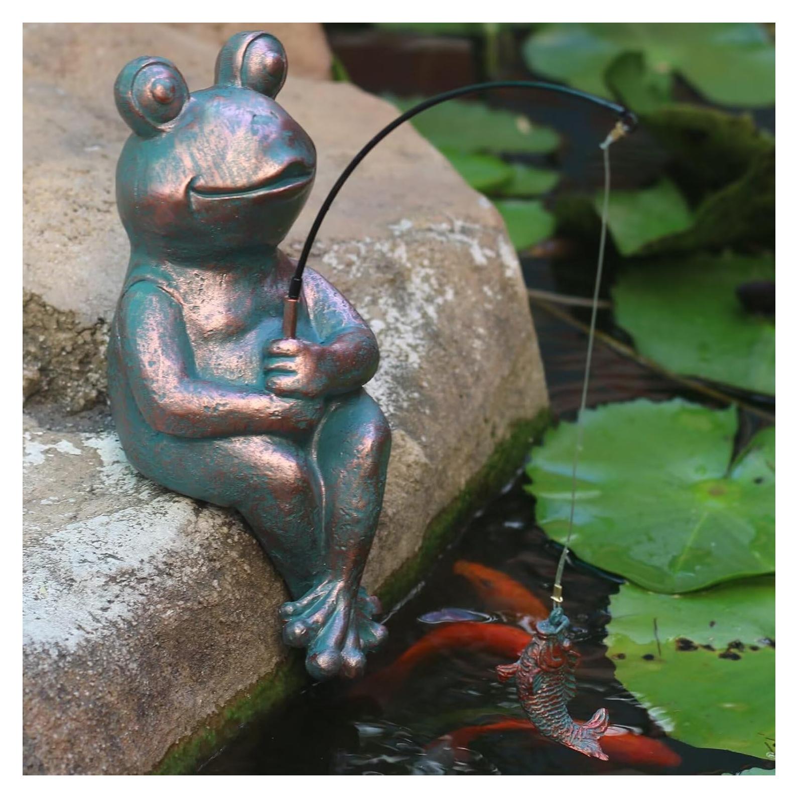 Estatua de Rana de Pesca Cobre Antiguo 24.1cm Jardín