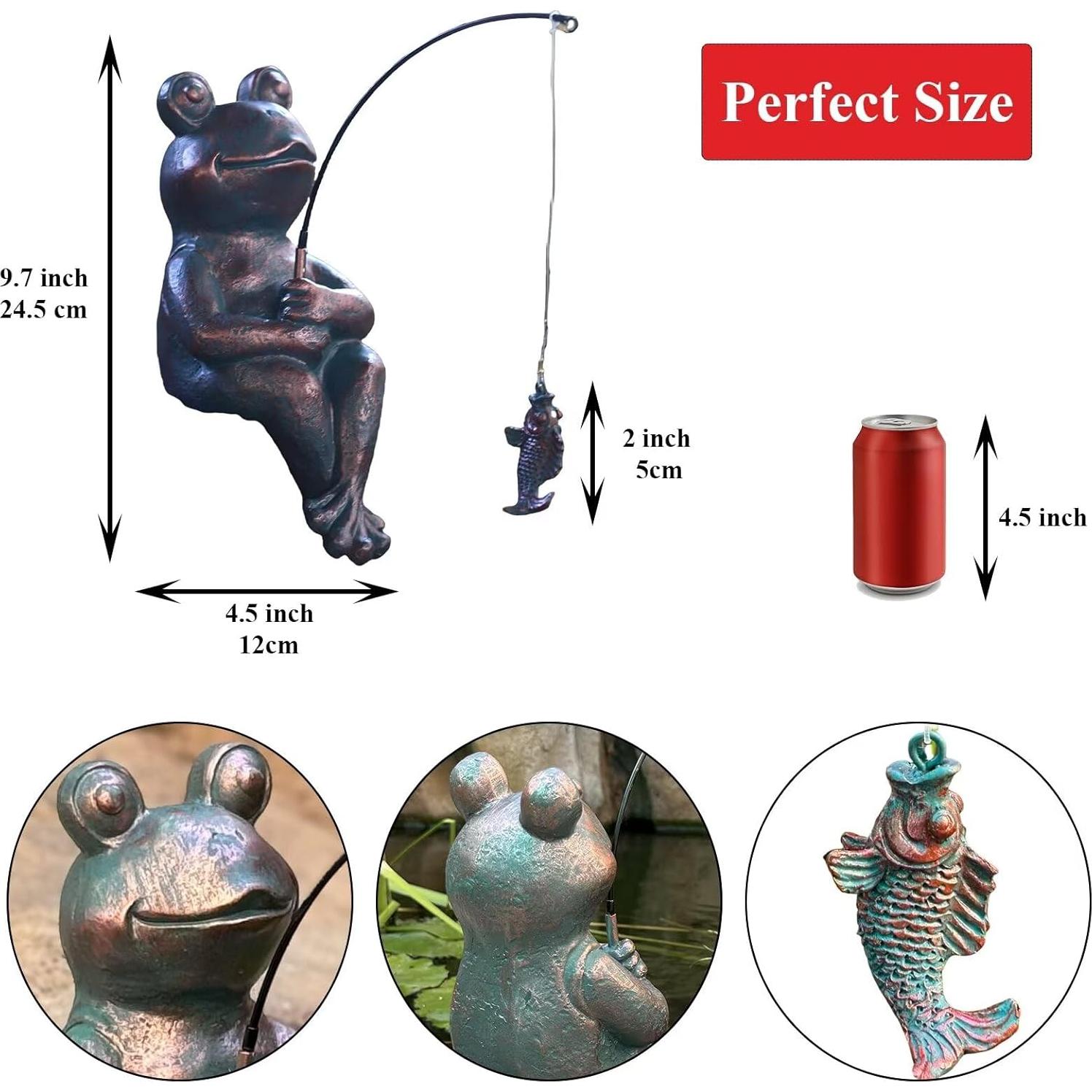 Estatua de Rana de Pesca Cobre Antiguo 24.1cm Jardín